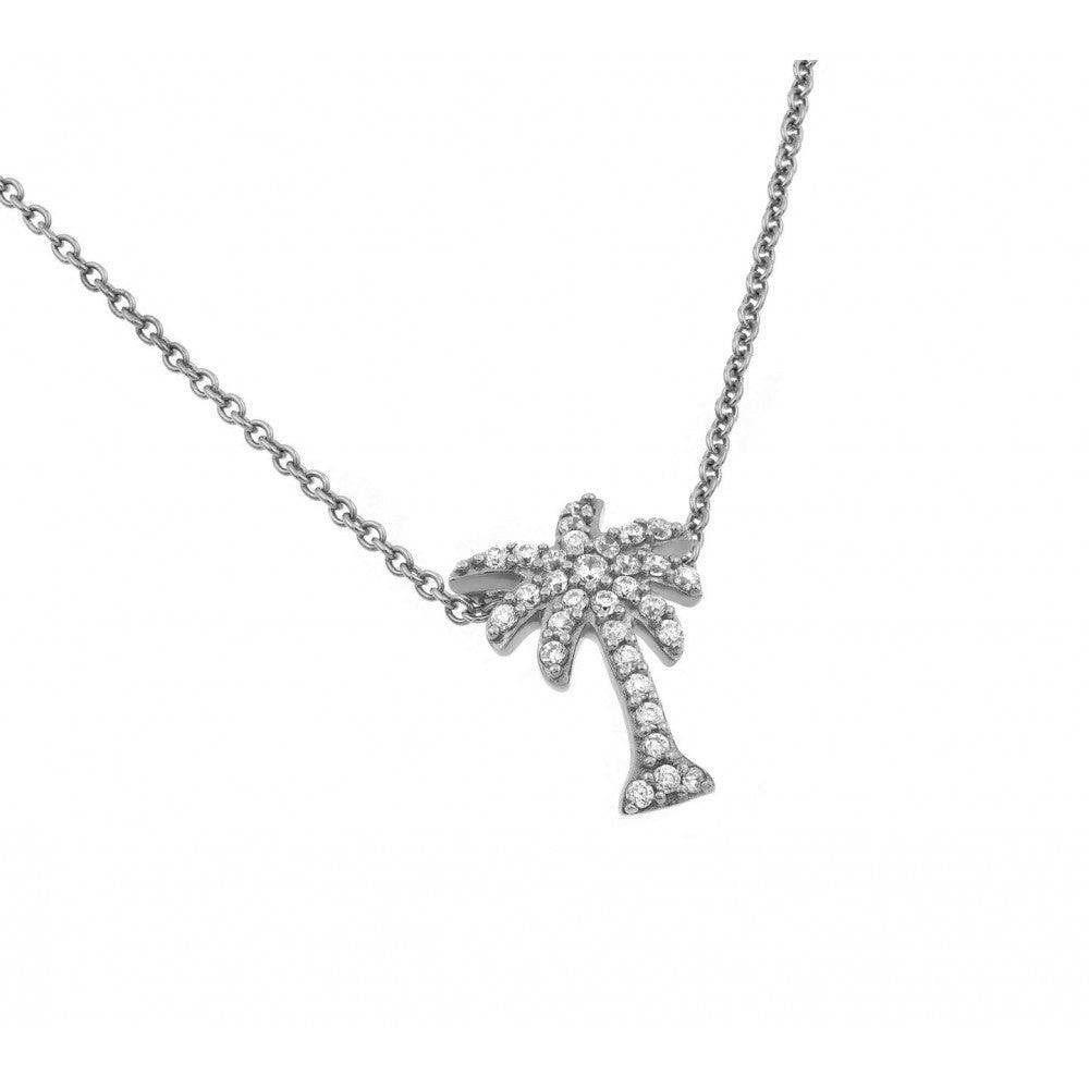 Silver 925 Rhodium Plated Clear CZ Palm Tree Pendant Necklace - STP01425