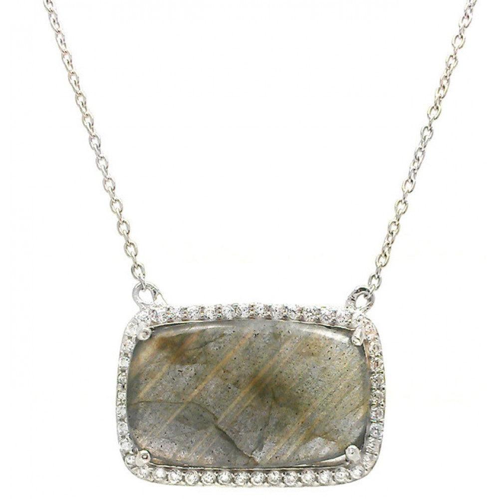 Silver 925 Rhodium Plated CZ Accents Labradorite Pendant Necklace - STP01428LA