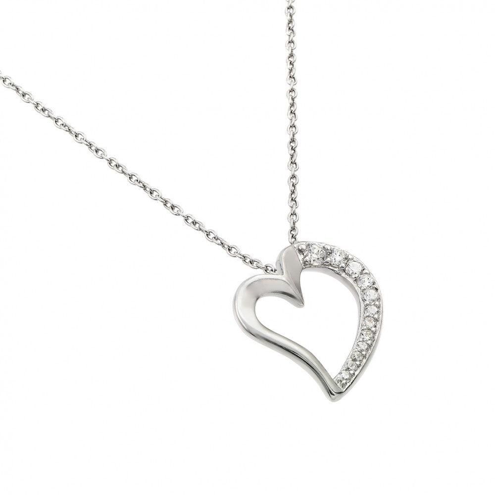 Silver 925 Rhodium Plated Clear CZ Squished Heart Pendant Necklace - STP01431