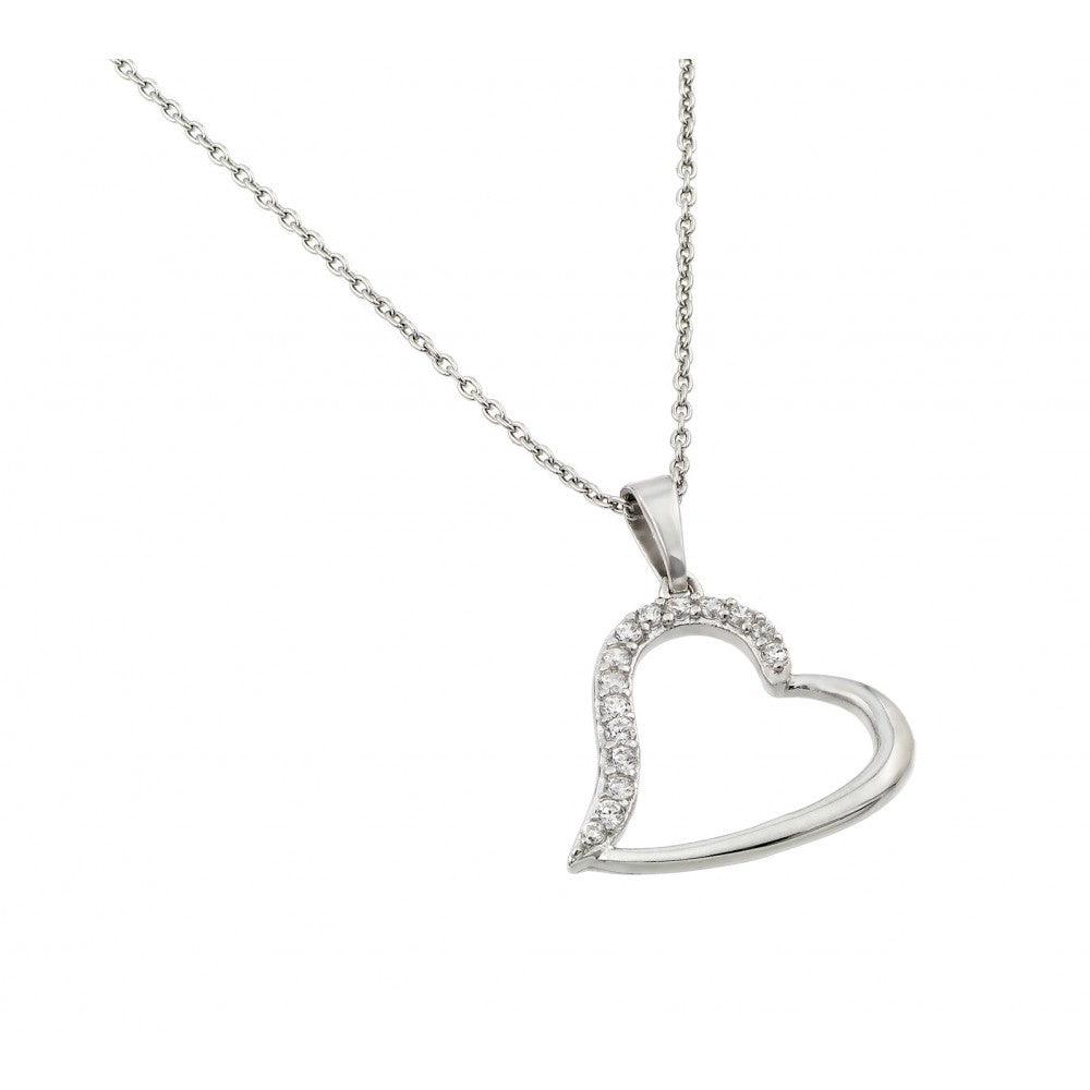 Silver 925 Rhodium Plated Clear CZ Slanted Heart Pendant Necklace - STP01433