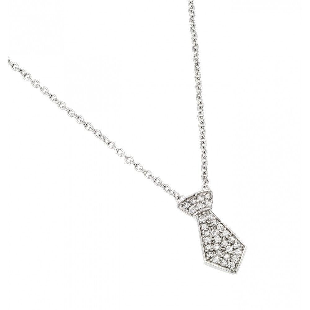 Silver 925 Rhodium Plated Clear CZ Tie Pendant Necklace - STP01438