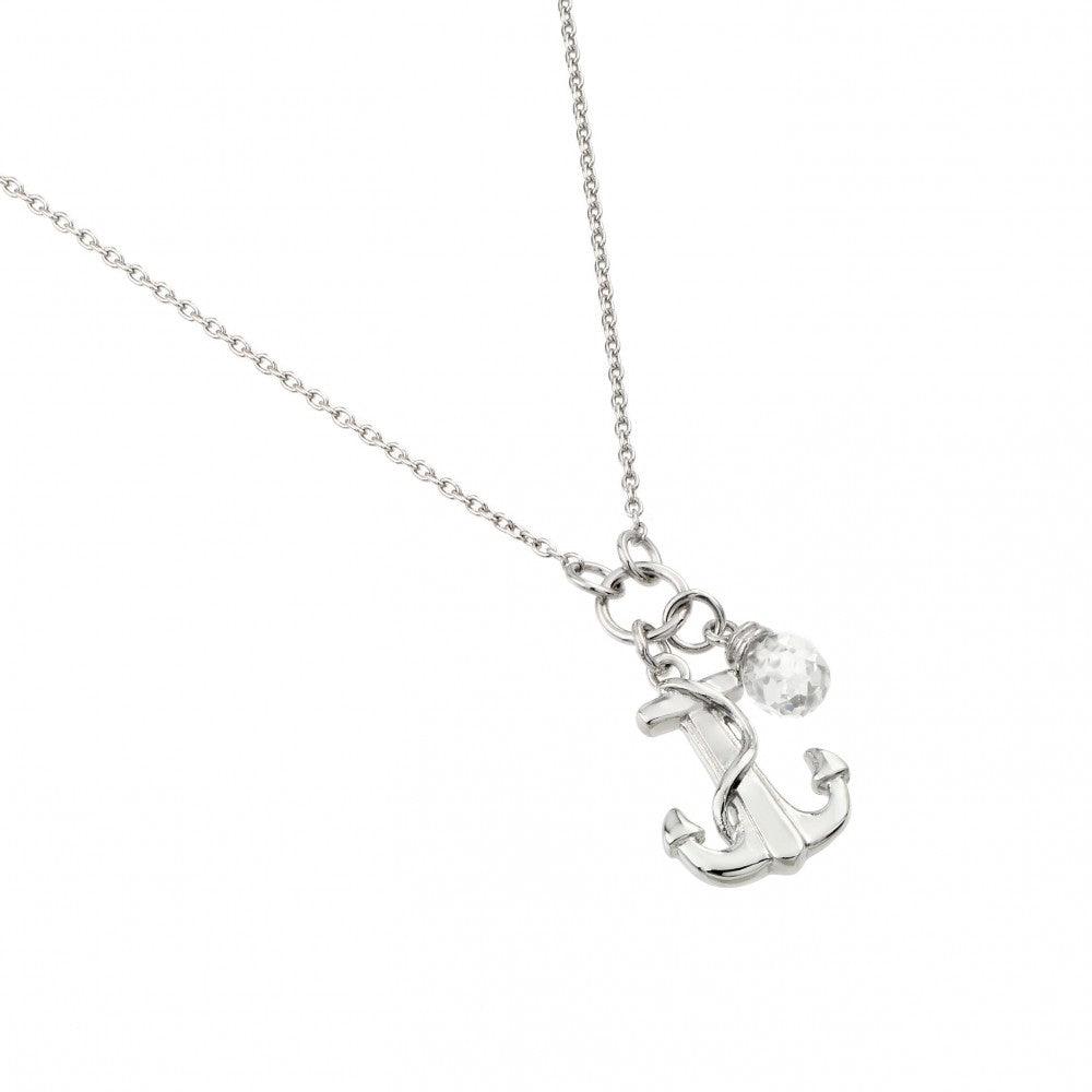 Silver 925 Rhodium Plated Clear CZ Anchor Pendant Necklace - STP01449