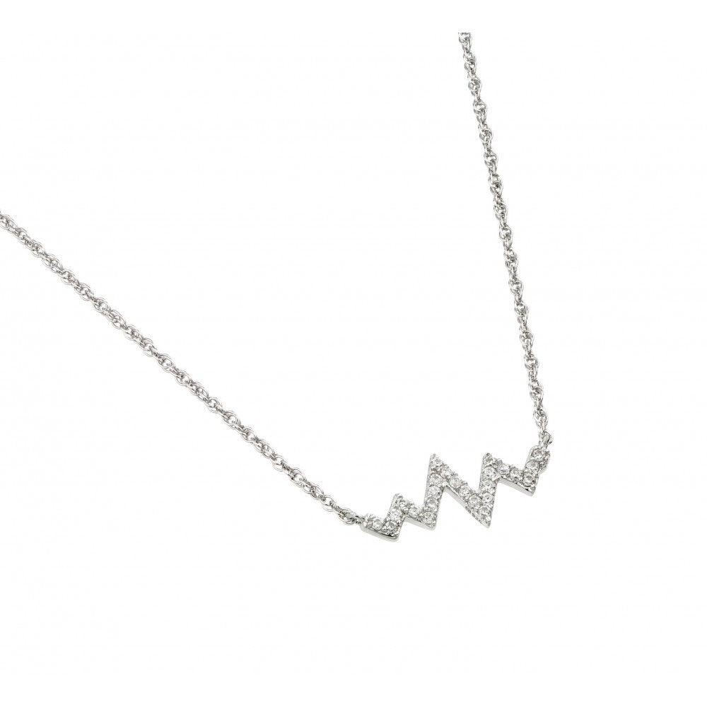 Silver 925 Rhodium Plated Clear CZ Zigzag Heartbeat Pendant Necklace - STP01454