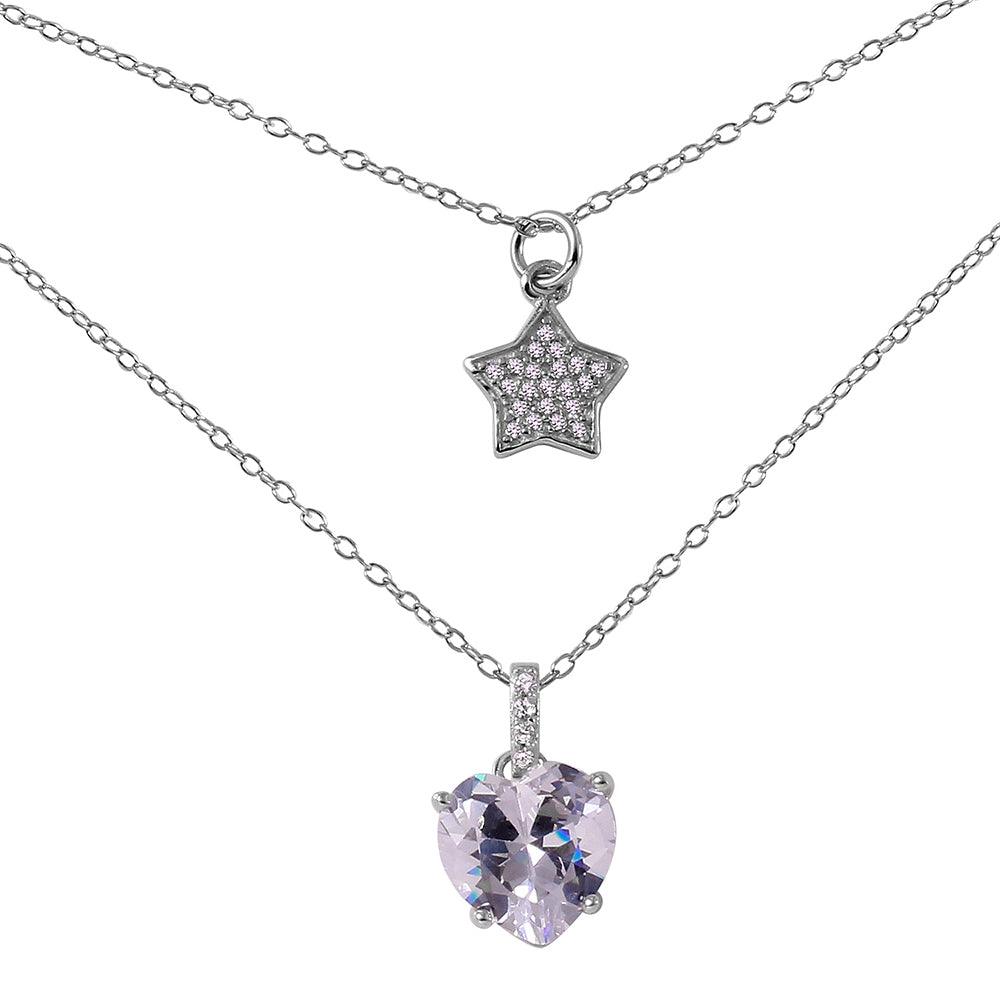 Silver 925 Rhodium Plated Star Heart CZ Necklace - STP01455