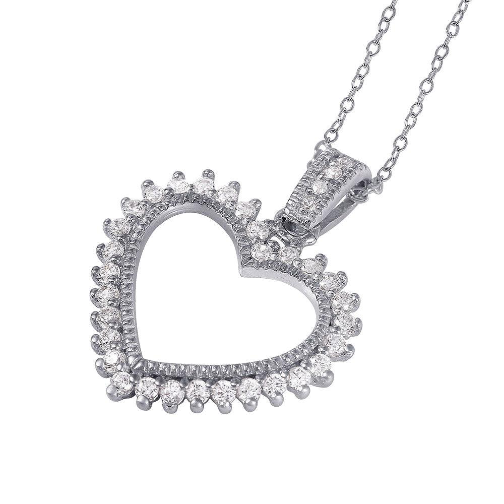 Silver 925 Rhodium Plated Open Heart CZ Necklace - STP01458