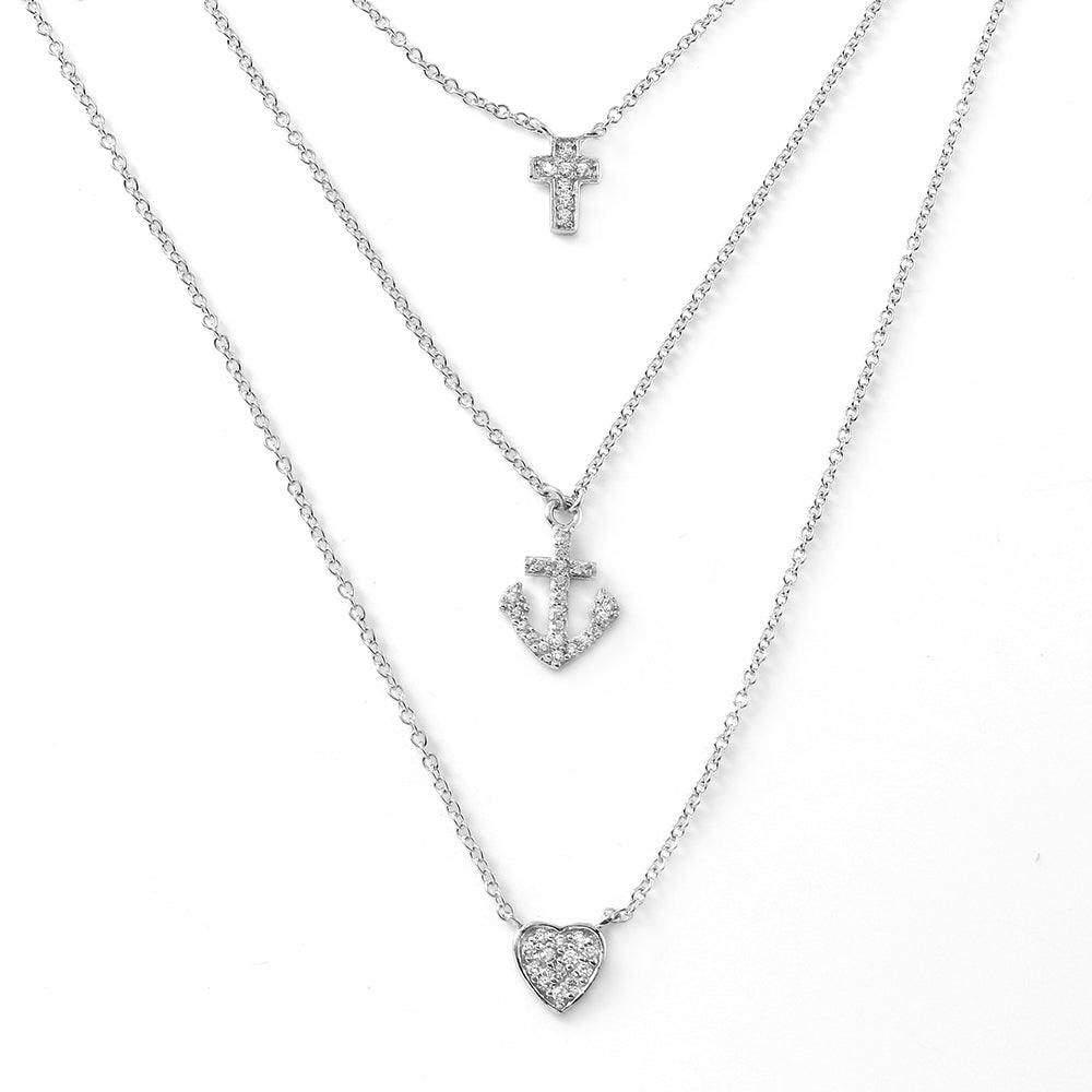 Silver 925 Rhodium Plated Cross Anchor Heart Necklace - STP01475