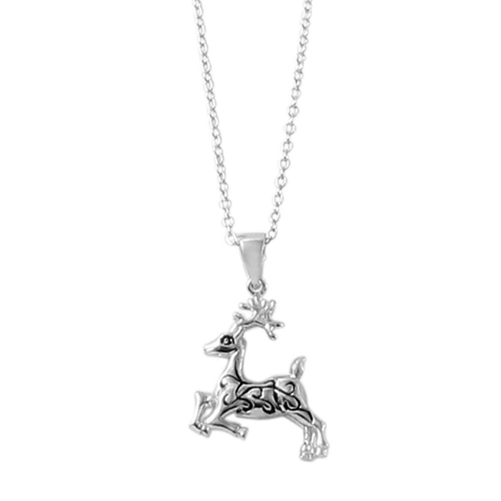 Silver 925 Rhodium Reindeer Pendent Necklace with Stylized Design - STP01478