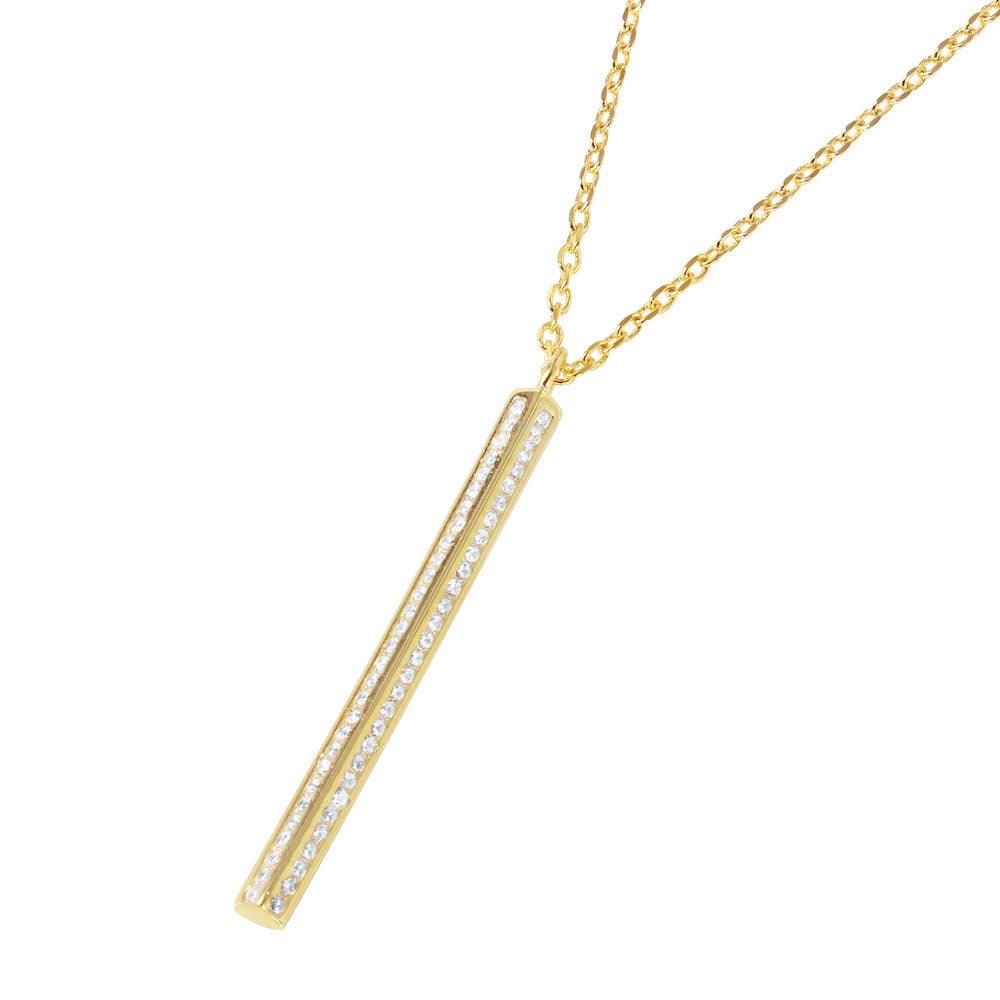 Silver 925 Gold Plated Vertical Bar CZ Pendant Necklace - STP01487GP