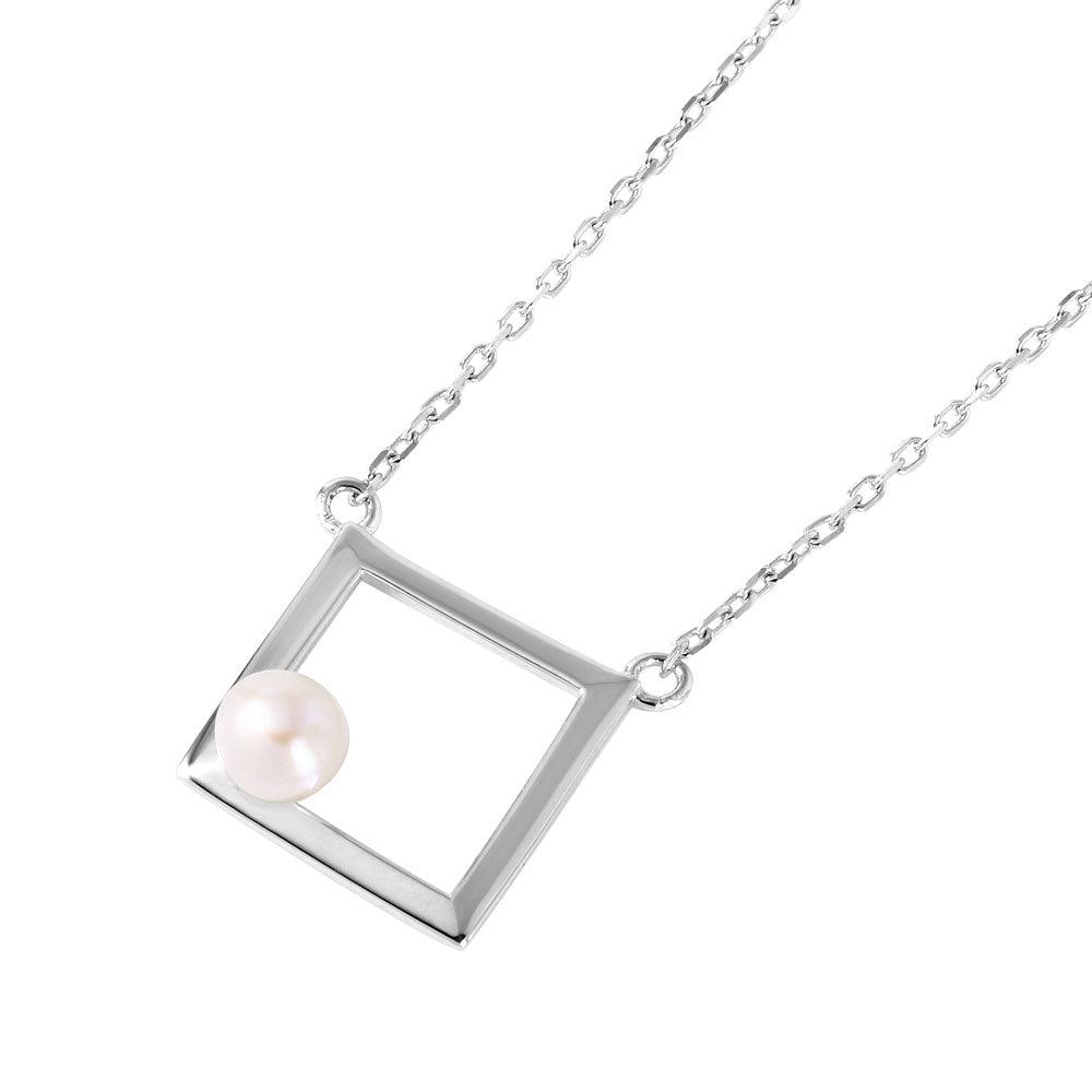 Silver 925 Rhodium Plated Open Square Fresh Water Pearl Necklace - STP01491