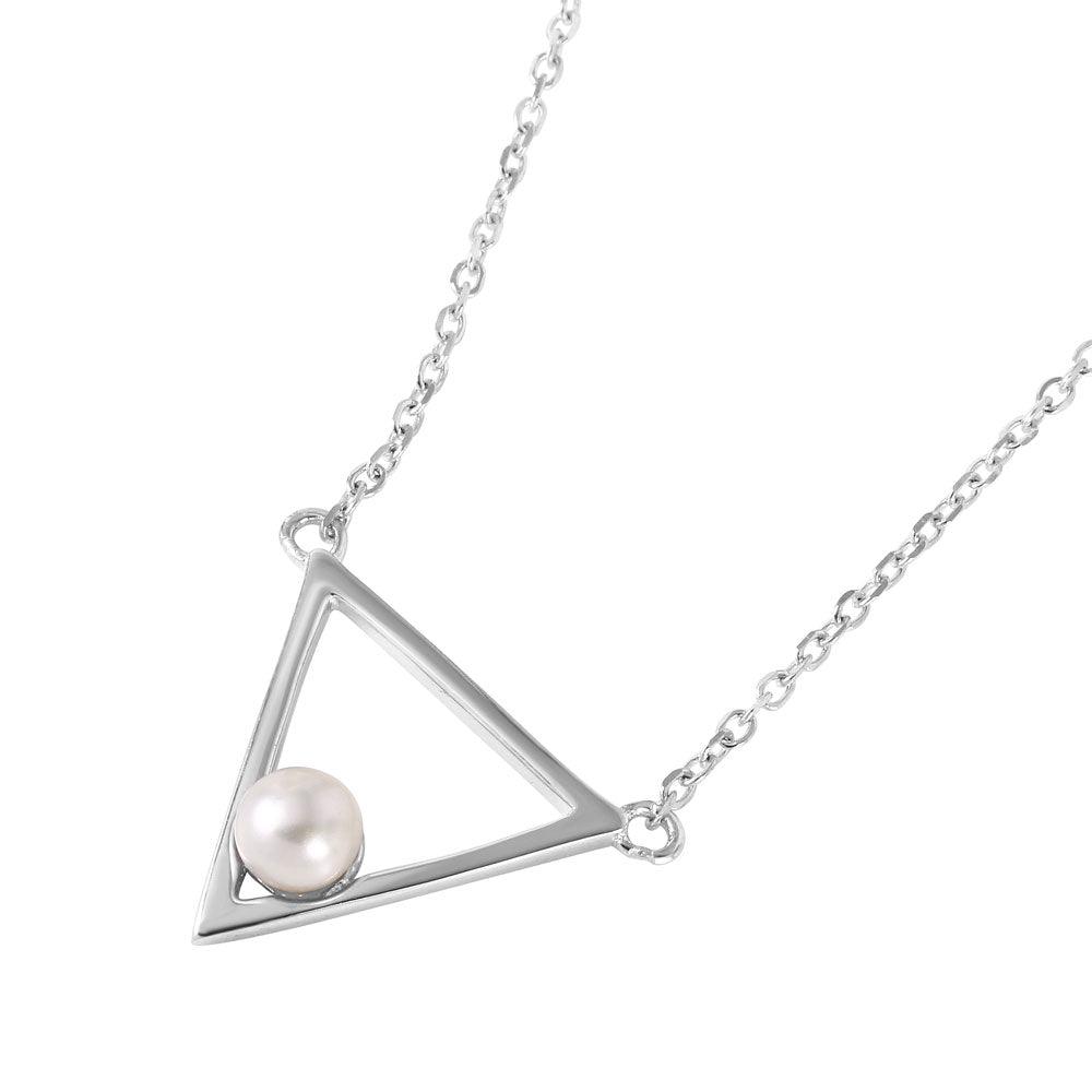 Silver 925 Rhodium Plated Open Triangle Fresh Water Pearl Necklace - STP01492