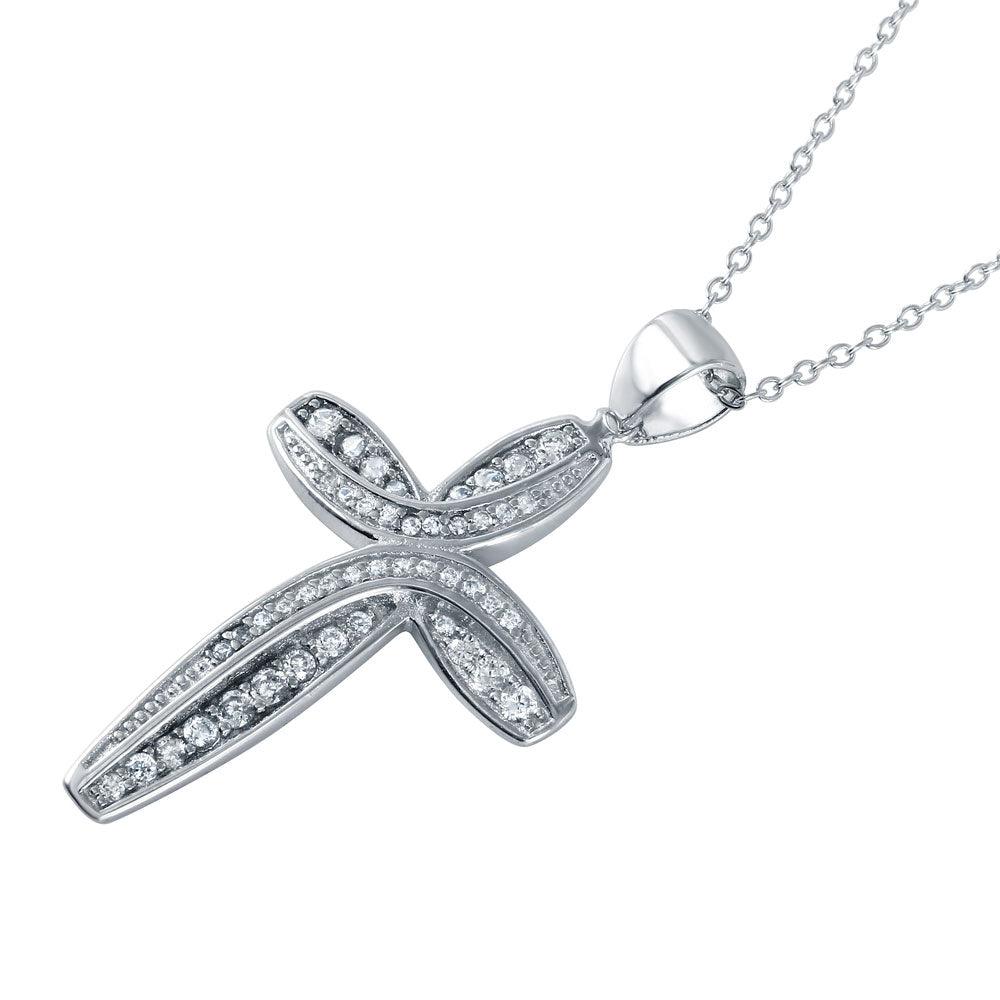 Silver 925 Rhodium Plated CZ Rounded Cross Pendant Necklace - STP01493