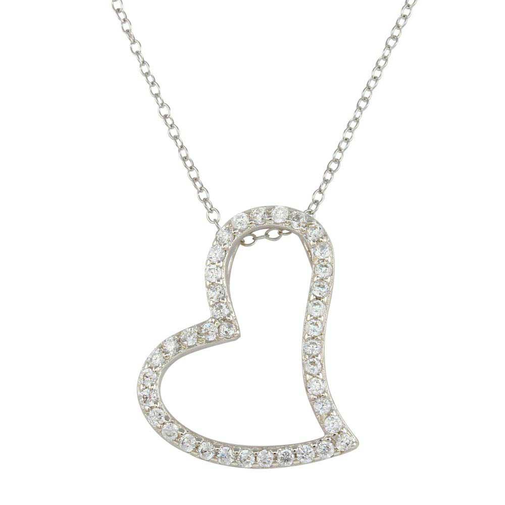 Rhodium Plated 925 Sterling Silver Crooked Heart Necklace with CZ - STP01498