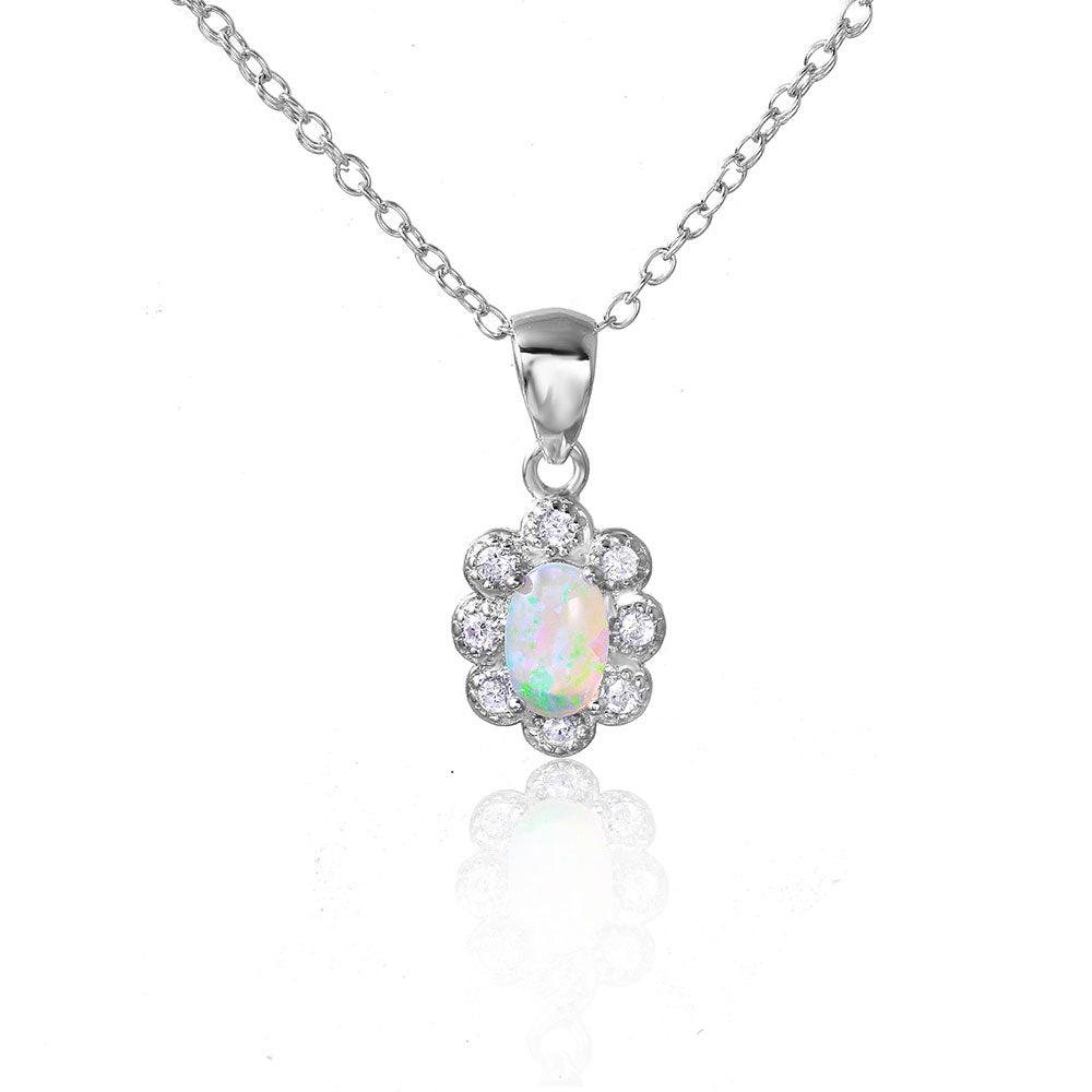 Silver 925 Rhodium Plated CZ Flower with Synthetic Opal Necklace - STP01502