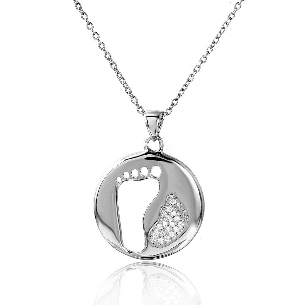 Silver 925 Rhodium Plated Cut Out and CZ Foot Print Necklace - STP01504