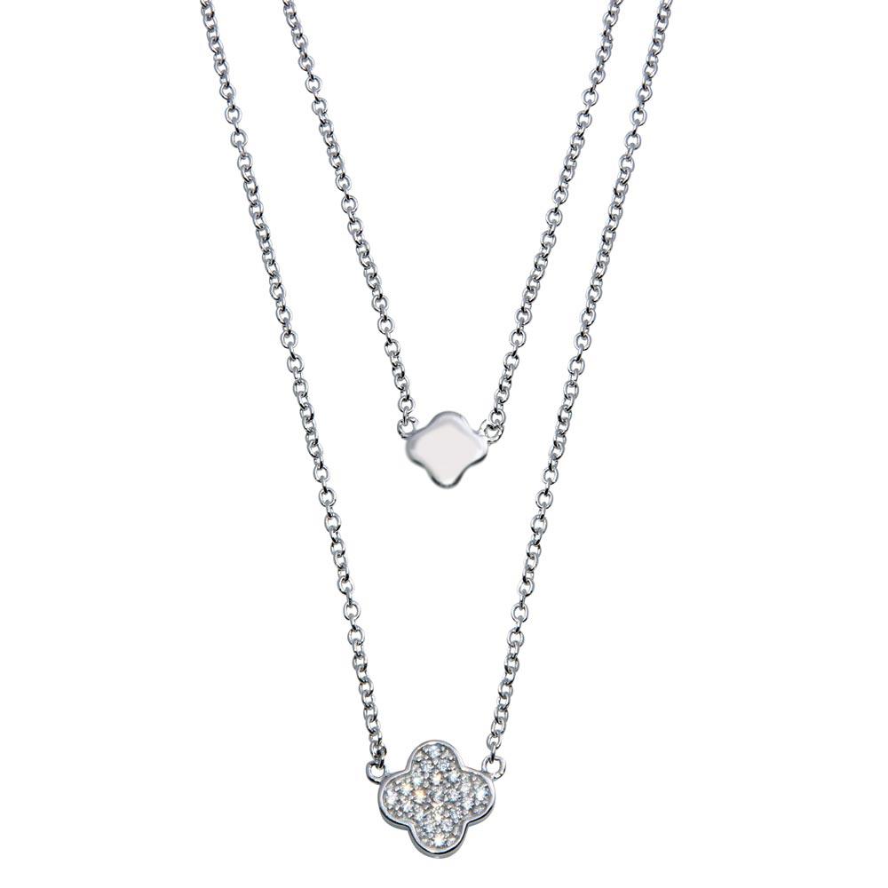 Rhodium Plated 925 Sterling Silver Double Chain Clover Necklace with CZ - STP01507