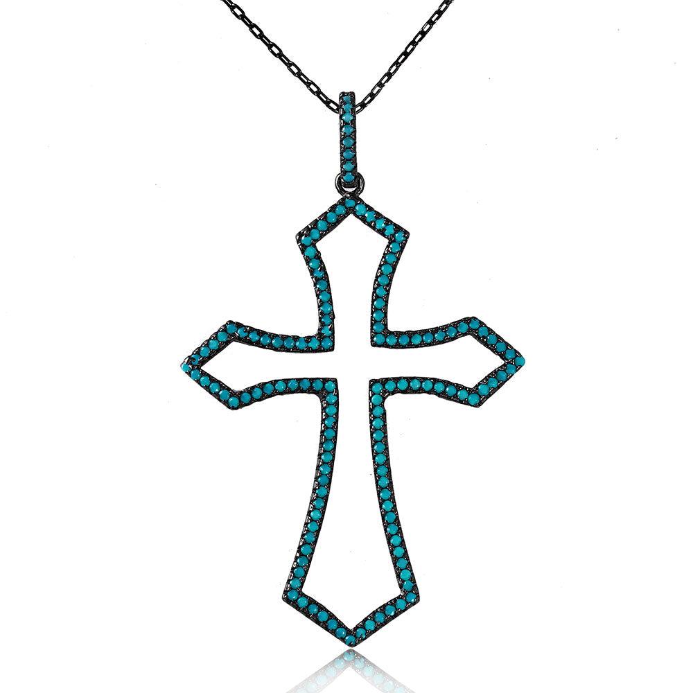 Silver 925 Black Rhodium Open Cross Necklace with Synthetic Turquoise Stone - STP01508