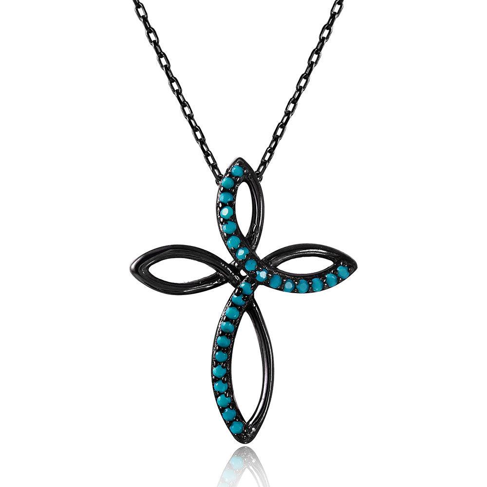 Silver 925 Black Rhodium Plated Open Cross Necklace with Synthetic Turquoise Stones - STP01509