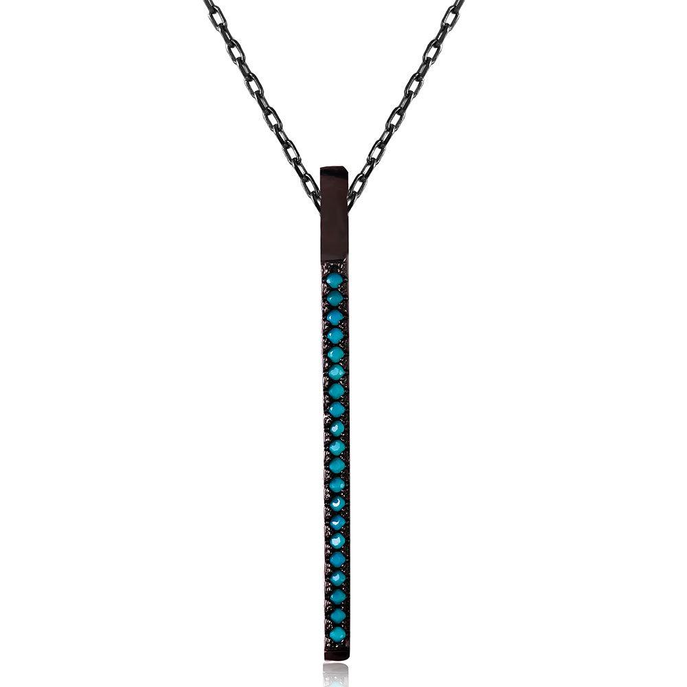 Silver 925 Black Rhodium Long Bar Necklace with Synthetic Turquoise Stones - STP01510