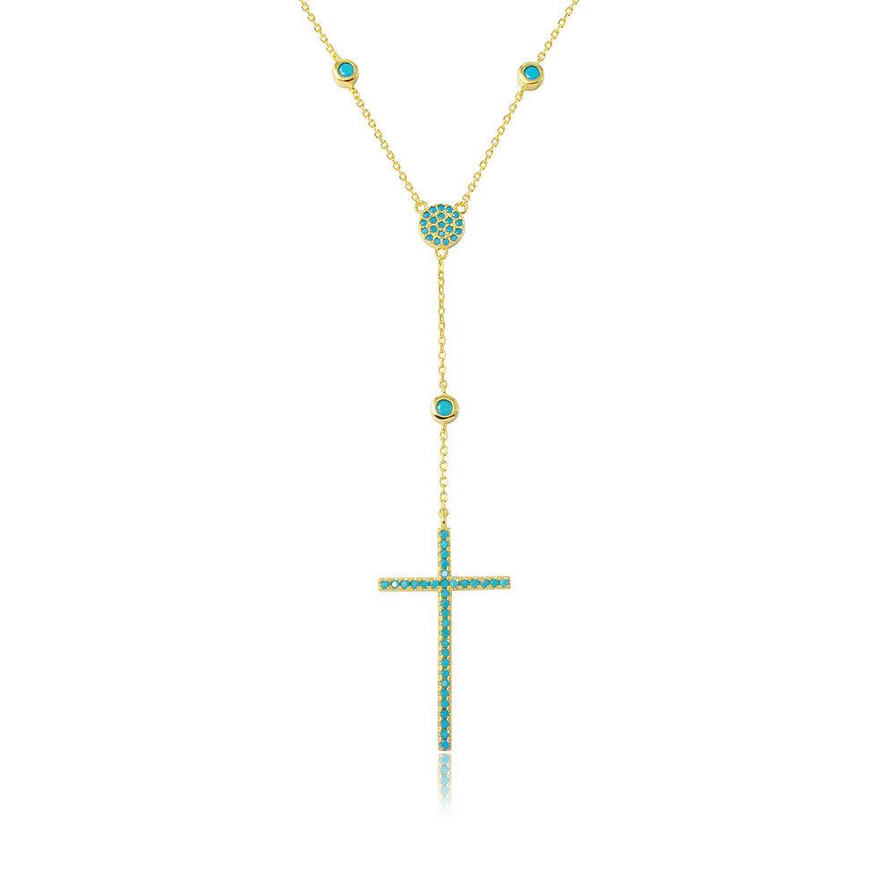 Silver 925 Gold Plated Cross Necklace with Synthetic Turquoise Stones - STP01513GP