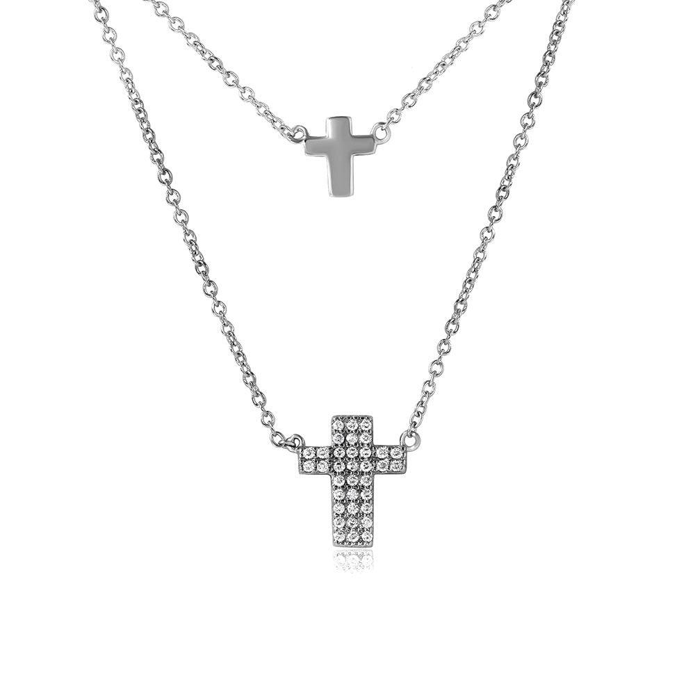 Silver 925 Rhodium Plated Double Cross Necklace with CZ - STP01516