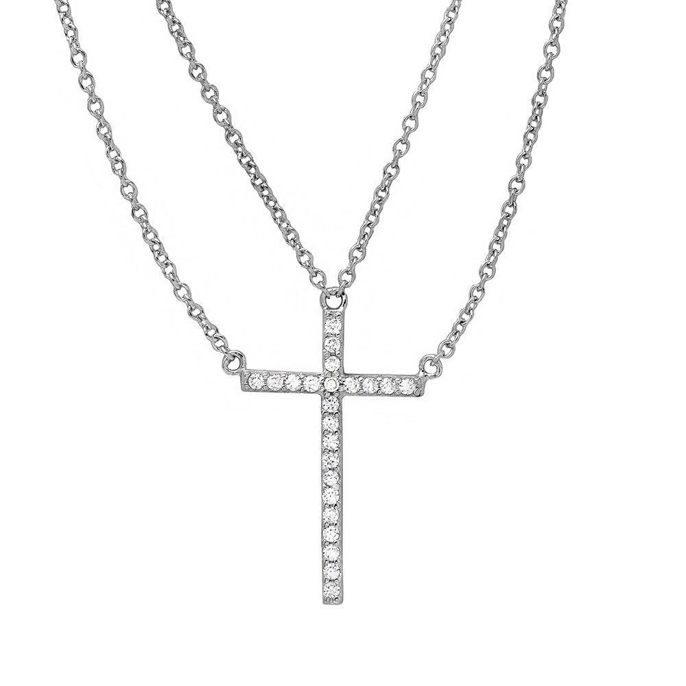 Rhodium Plated 925 Sterling Silver Multi Chain CZ Cross Necklace - STP01522