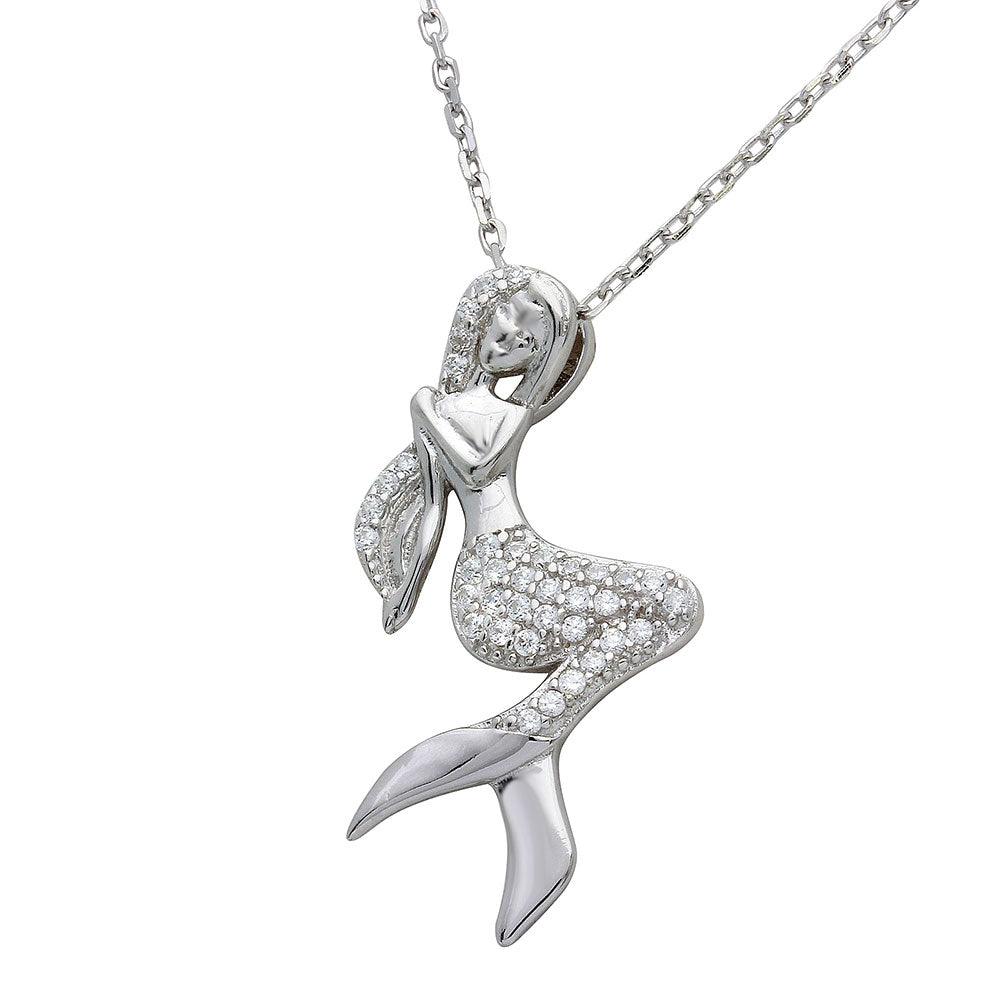 Rhodium Plated 925 Sterling Silver CZ Mermaid Necklace - STP01526