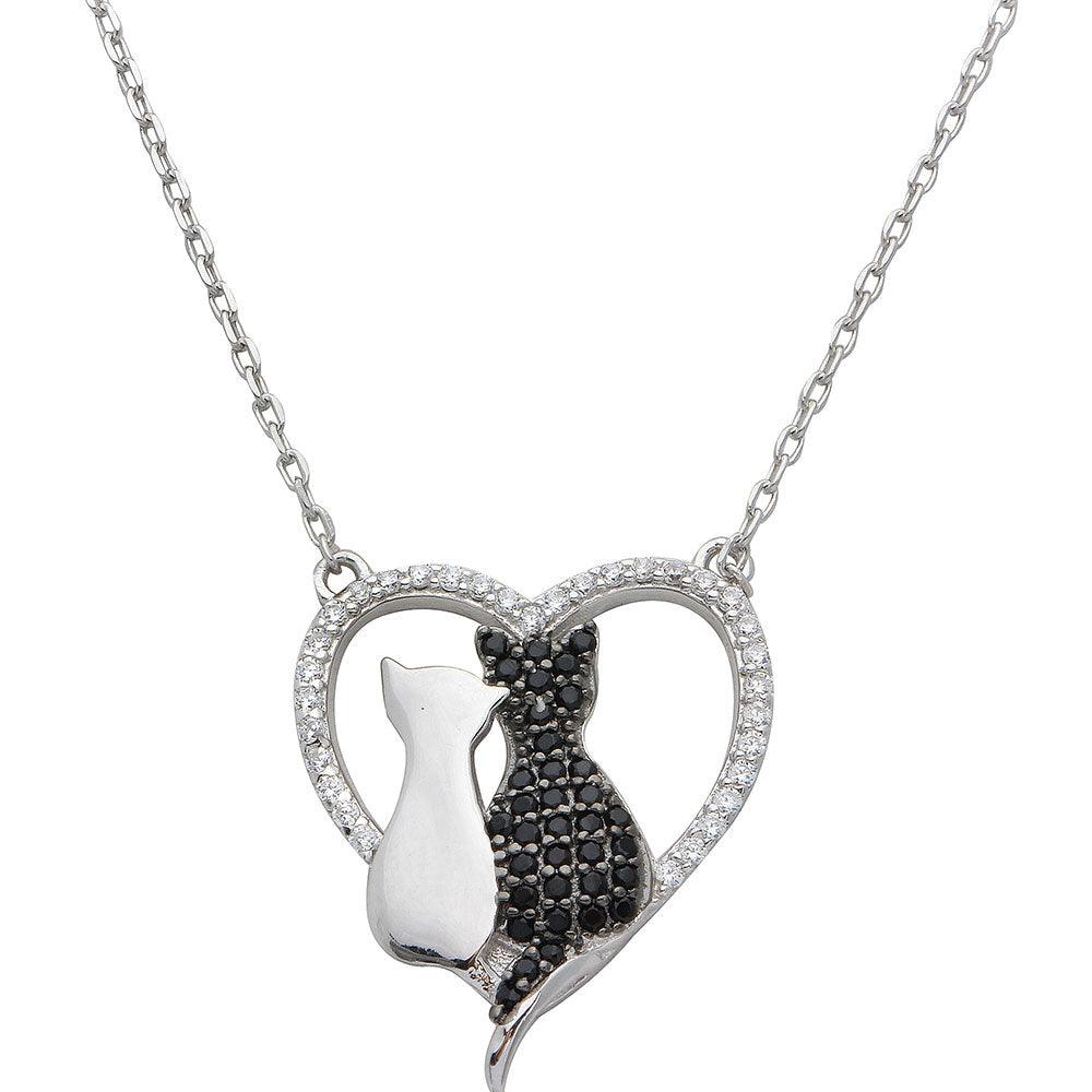 Rhodium Plated 925 Sterling Silver CZ Open Heart with 2 Cat Necklace - STP01527