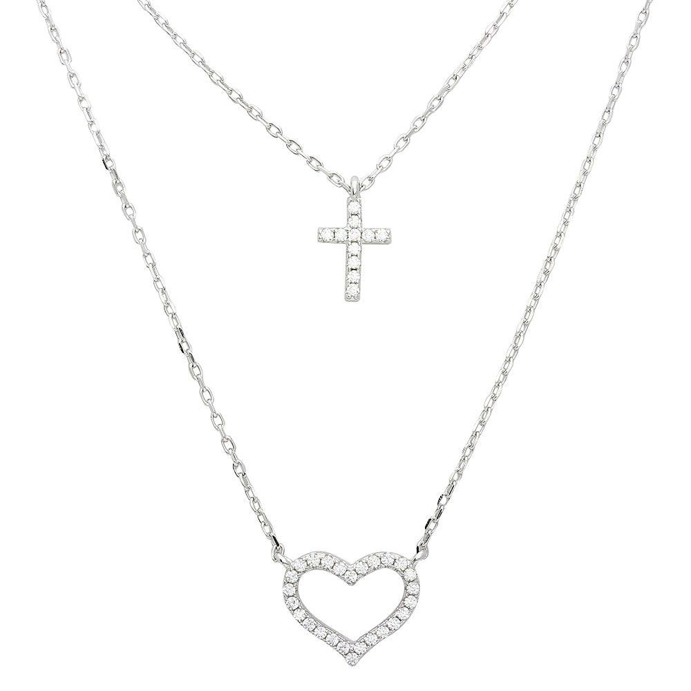 Rhodium Plated 925 Sterling Silver Double Chain CZ Cross and CZ Open Heart Necklace - STP01532