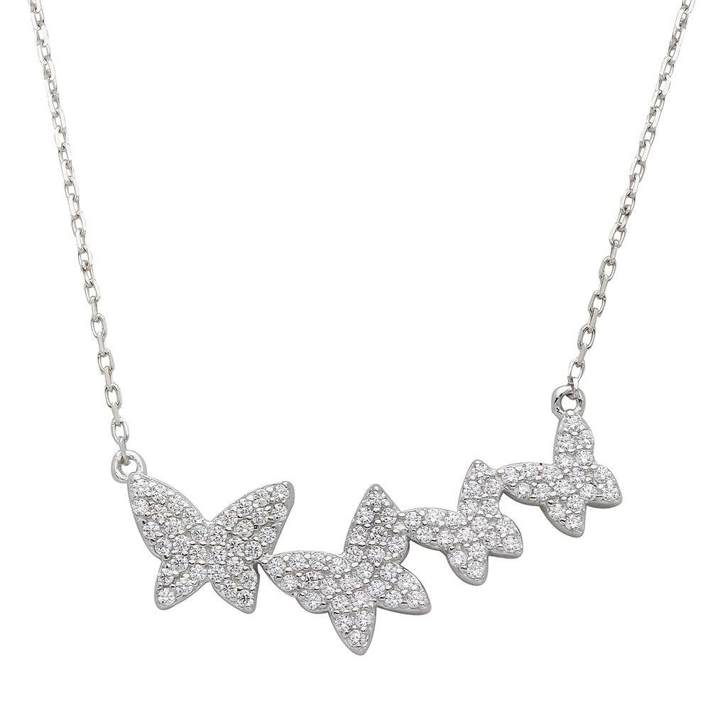 Rhodium Plated 925 Sterling Silver Graduated CZ Encrusted Butterfly Necklace - STP01535