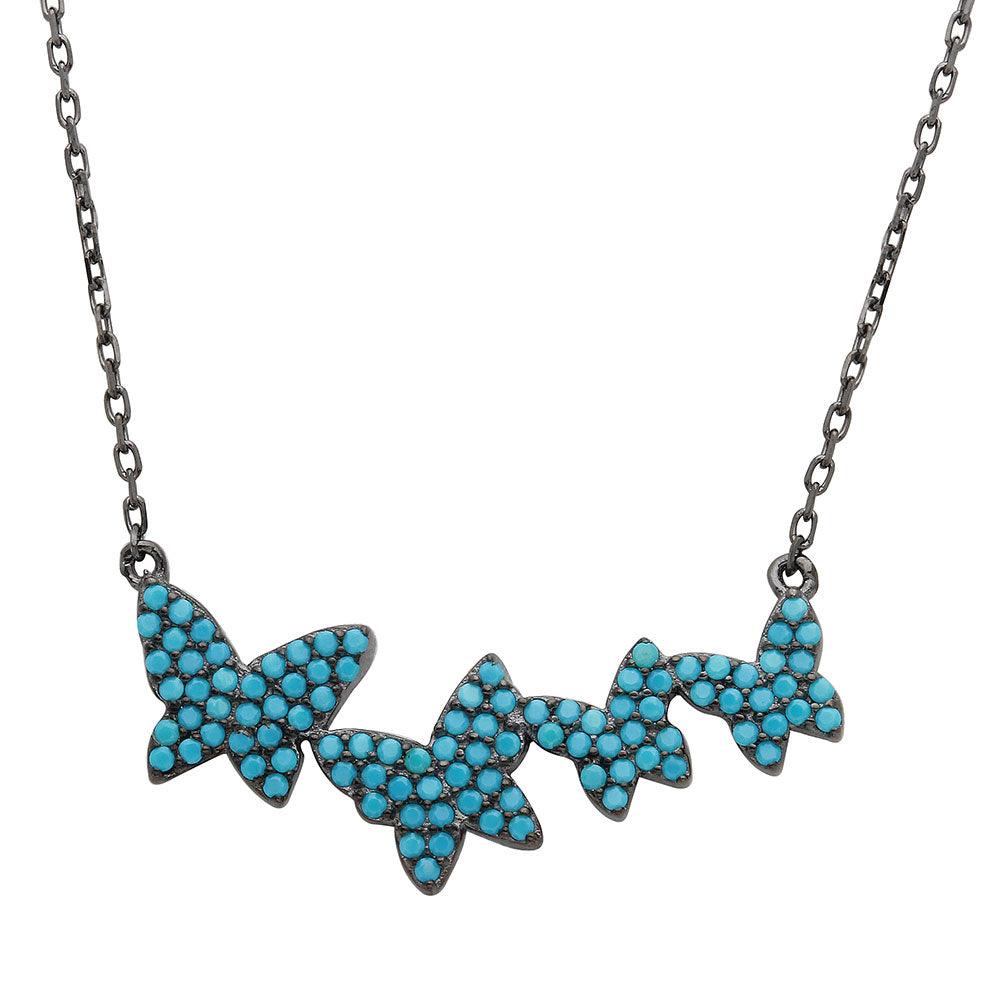 Black Rhodium Plated 925 Sterling Silver Graduated Turquoise Stones Encrusted Butterfly Necklace - STP01535BP