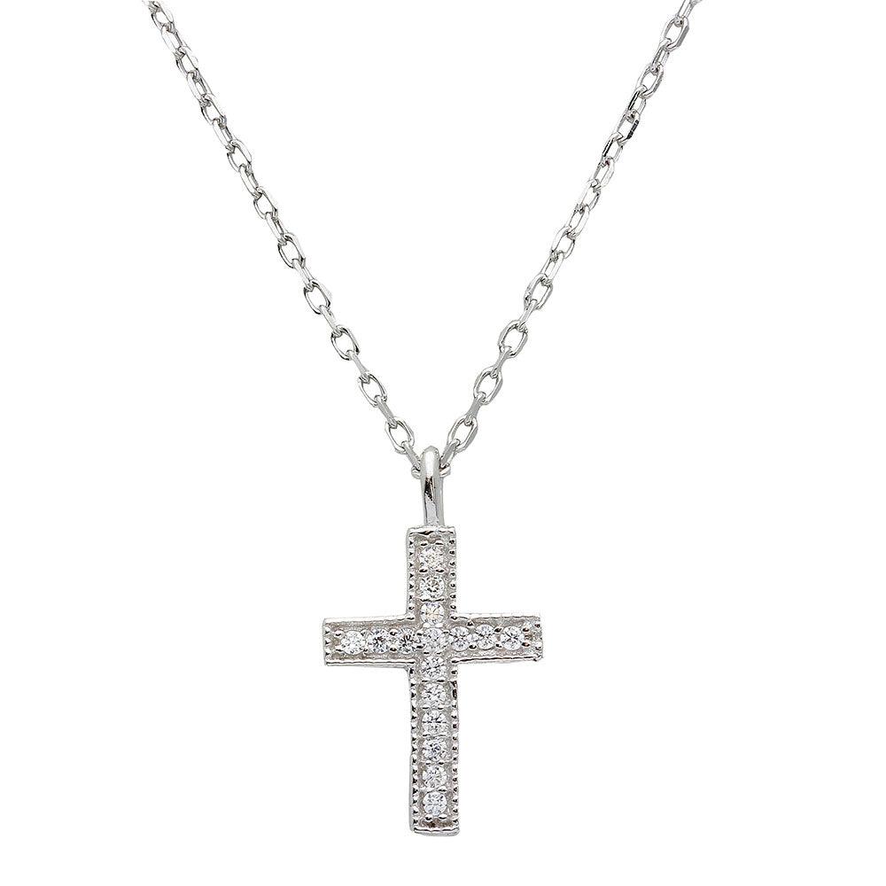 Rhodium Plated 925 Sterling Silver CZ Cross Necklace - STP01539