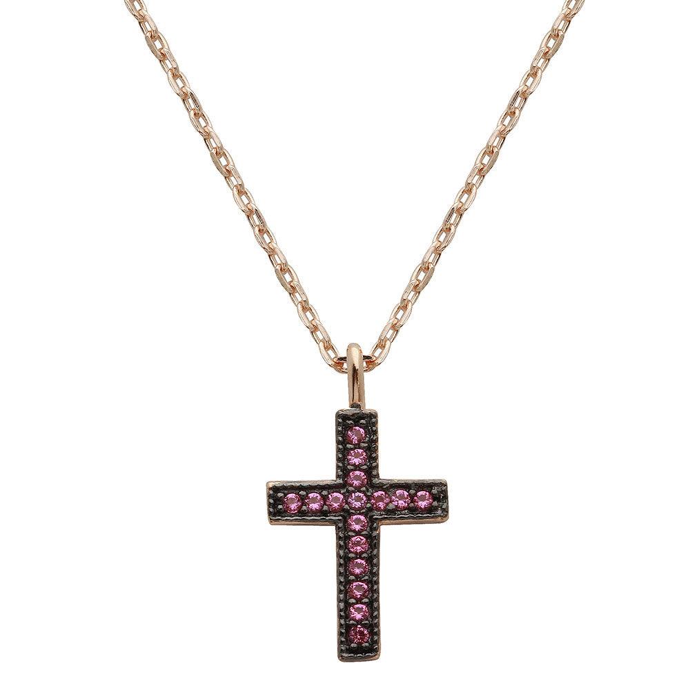 Rose Gold Plated 925 Sterling Silver Pink CZ Cross Necklace - STP01539RGP