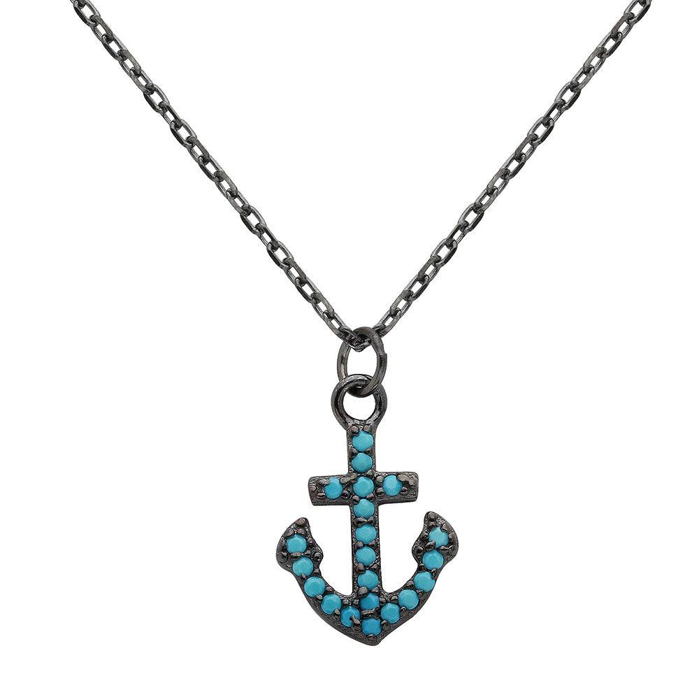 Black Rhodium Plated 925 Sterling Silver Anchor Turquoise Stones Necklace - STP01541BP