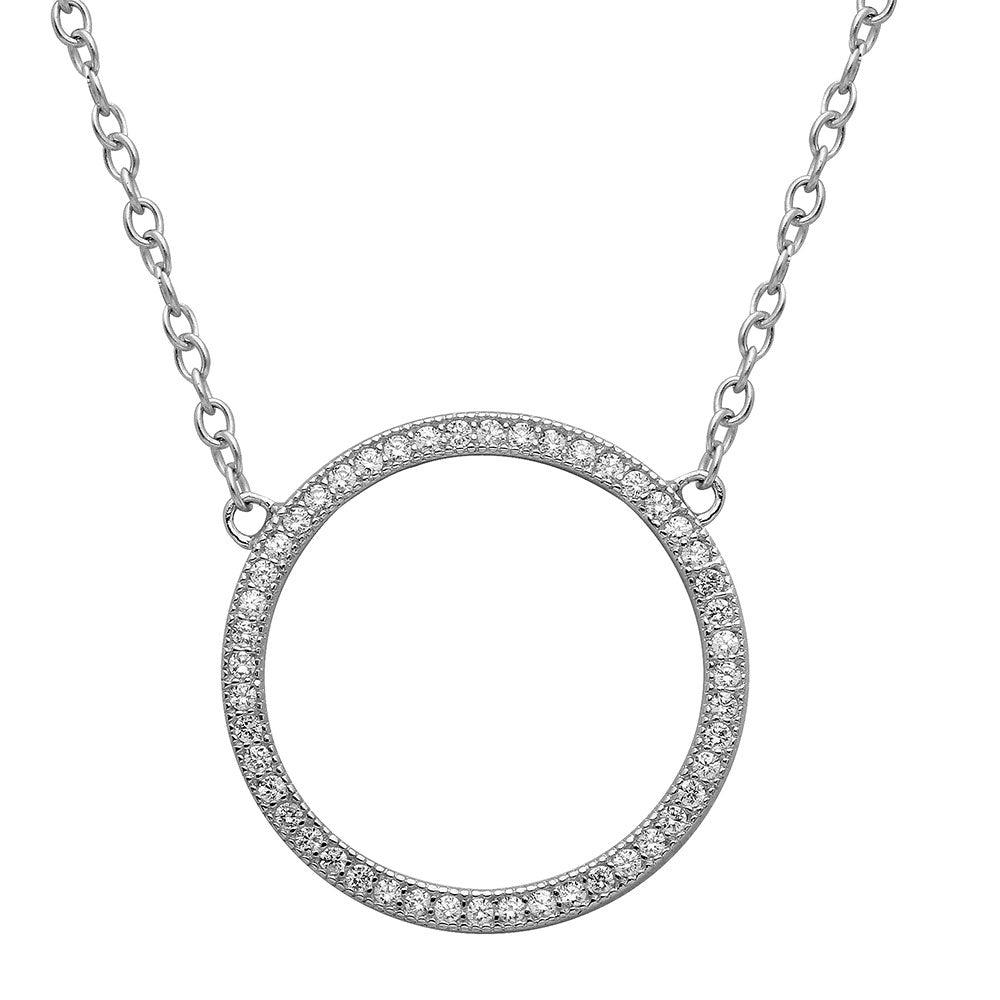 Rhodium Plated 925 Sterling Silver Open Circle CZ Encrusted Necklace - STP01547