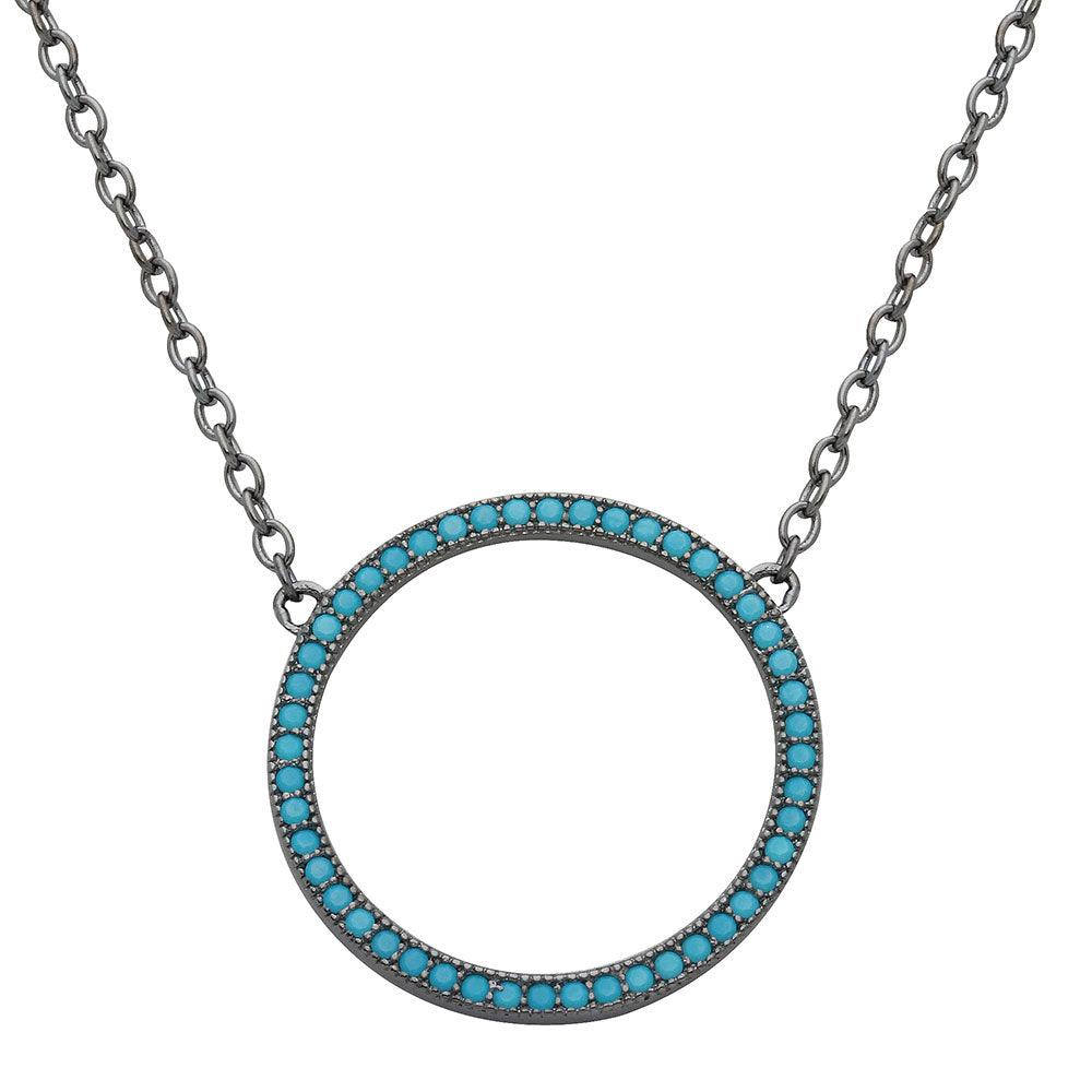 Black Rhodium Plated 925 Sterling Silver Open Circle Turquoise Encrusted Necklace - STP01547BP