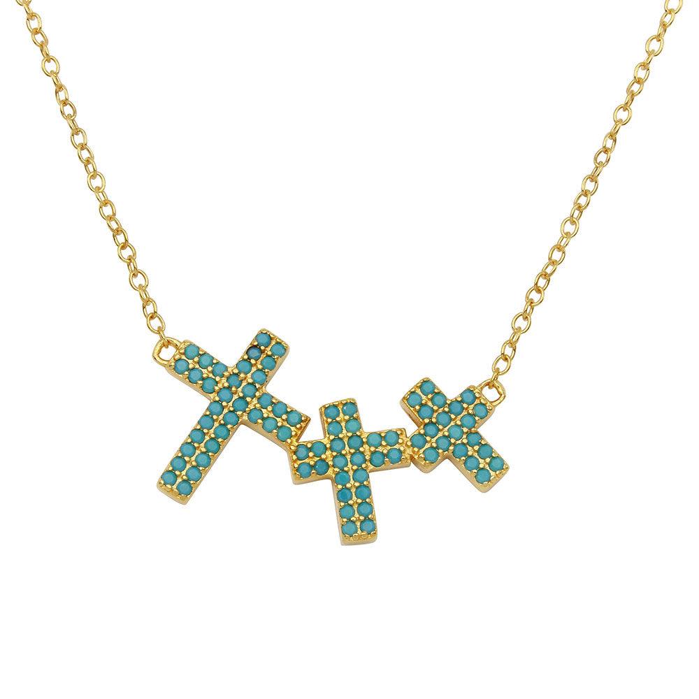 Gold Plated 925 Sterling Silver Side By Side 3 Crosses Turquoise Stones Necklace - STP01548GP