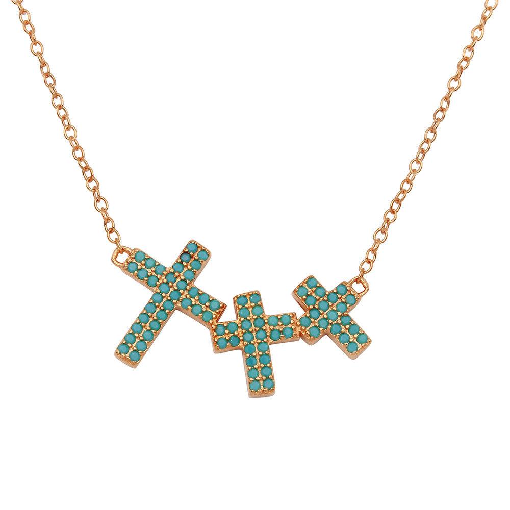 Rose Gold Plated 925 Sterling Silver Side By Side 3 Crosses Turquoise Stones Necklace - STP01548RGP