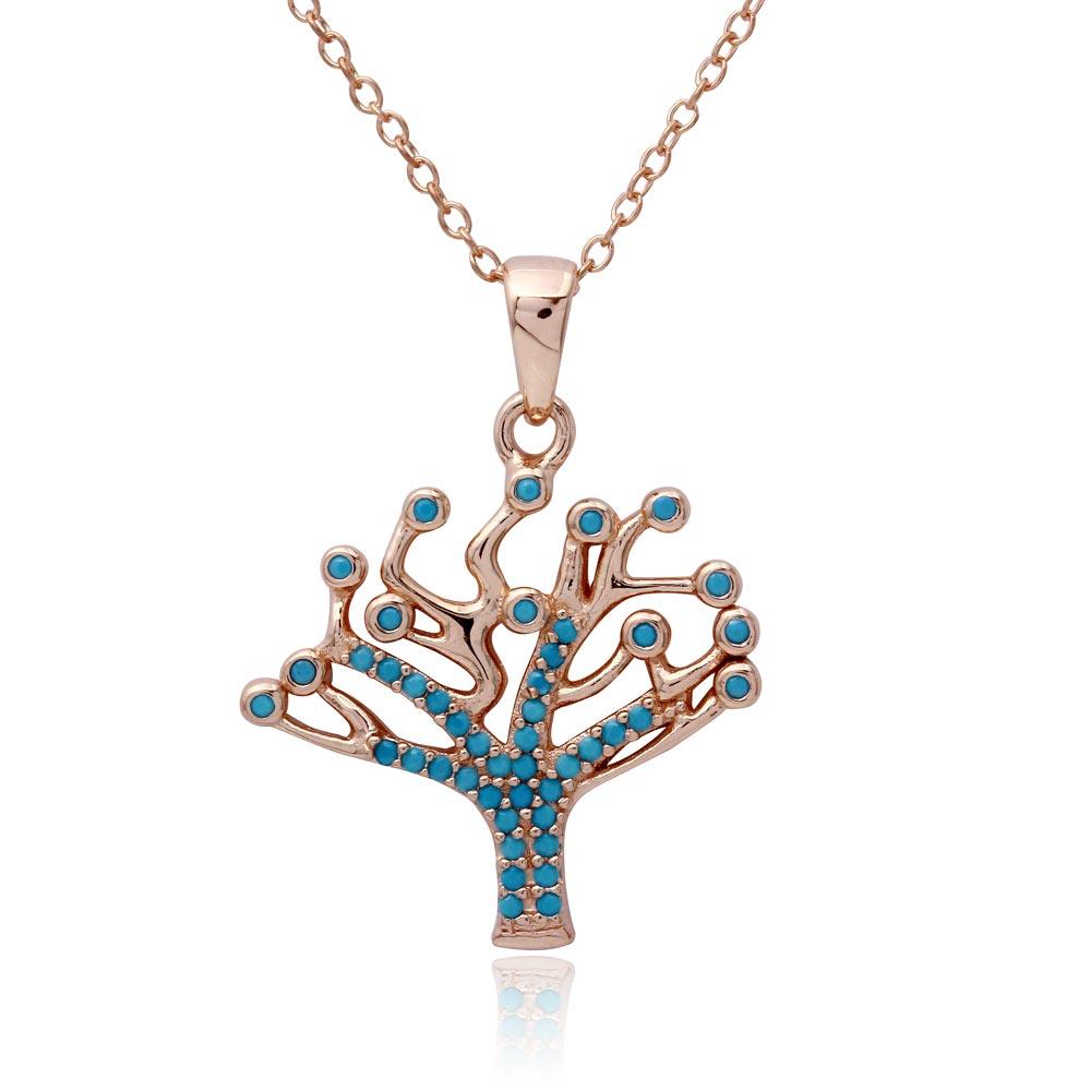 Rose Gold Plated 925 Sterling Silver Turquoise Stones Tree Necklace - STP01549