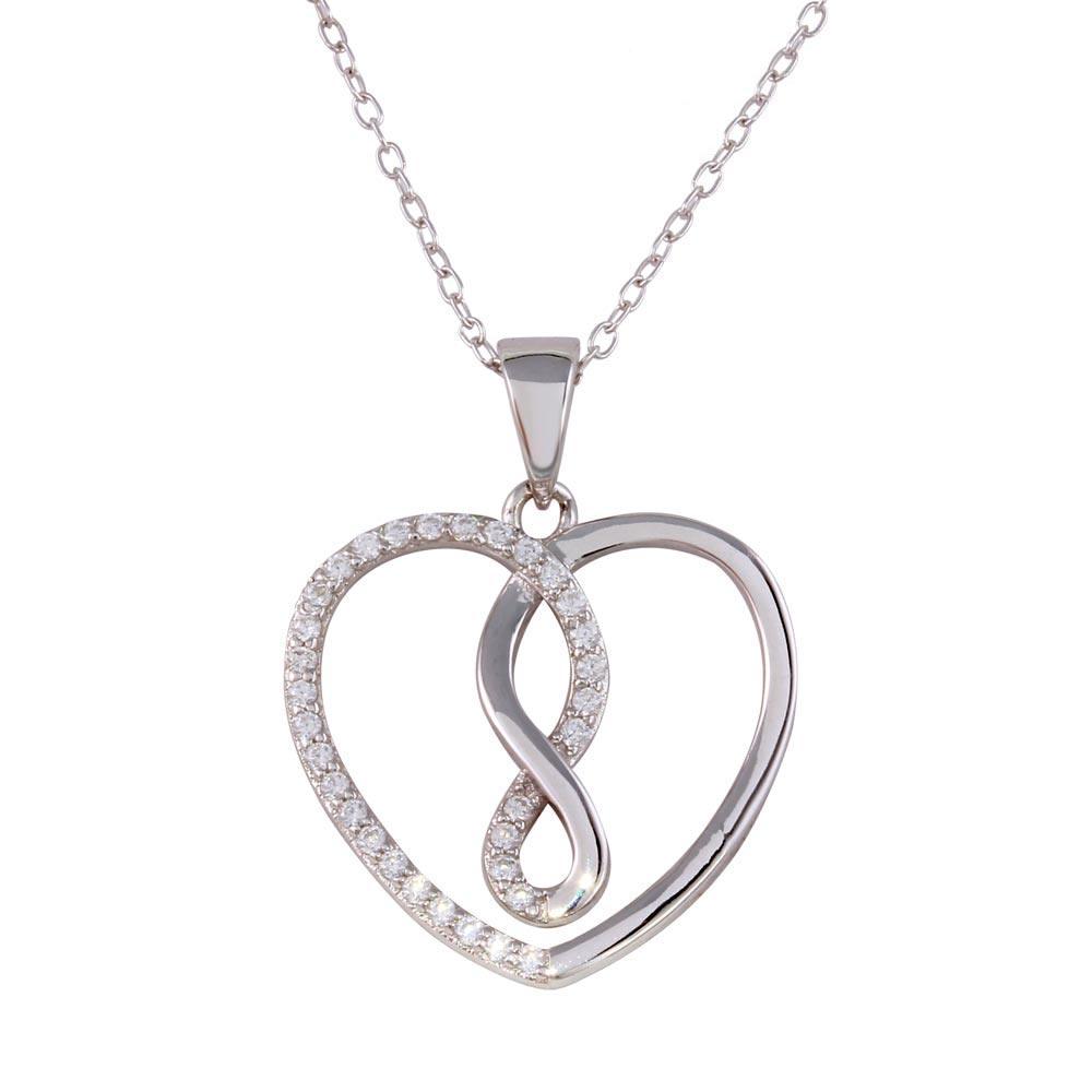 Rhodium Plated 925 Sterling Silver Open Heart Infinity Pendant Necklace with CZ - STP01554