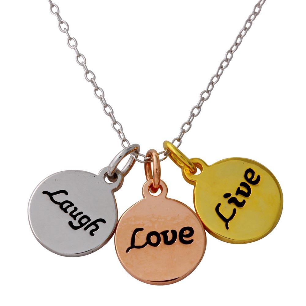 Three-Tone 925 Sterling Silver Plated Live Laugh Love Circle Necklace - STP01561TRI