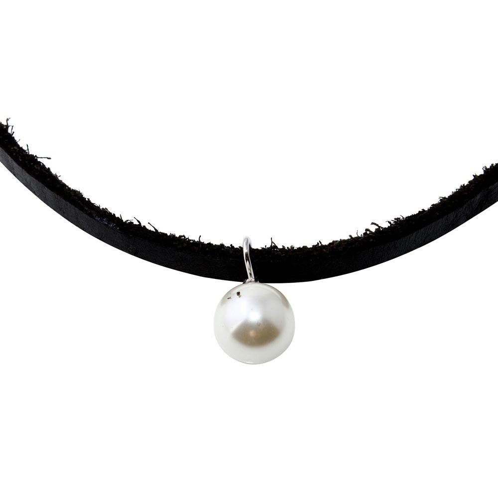 Black Leather Cord Choker with Synthetic Pearl - STP01562RH