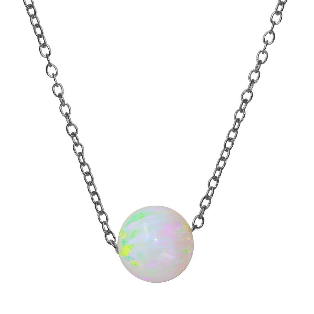 Rhodium Plated 925 Sterling Silver White Round Synthetic Opal Necklace - STP01563RH