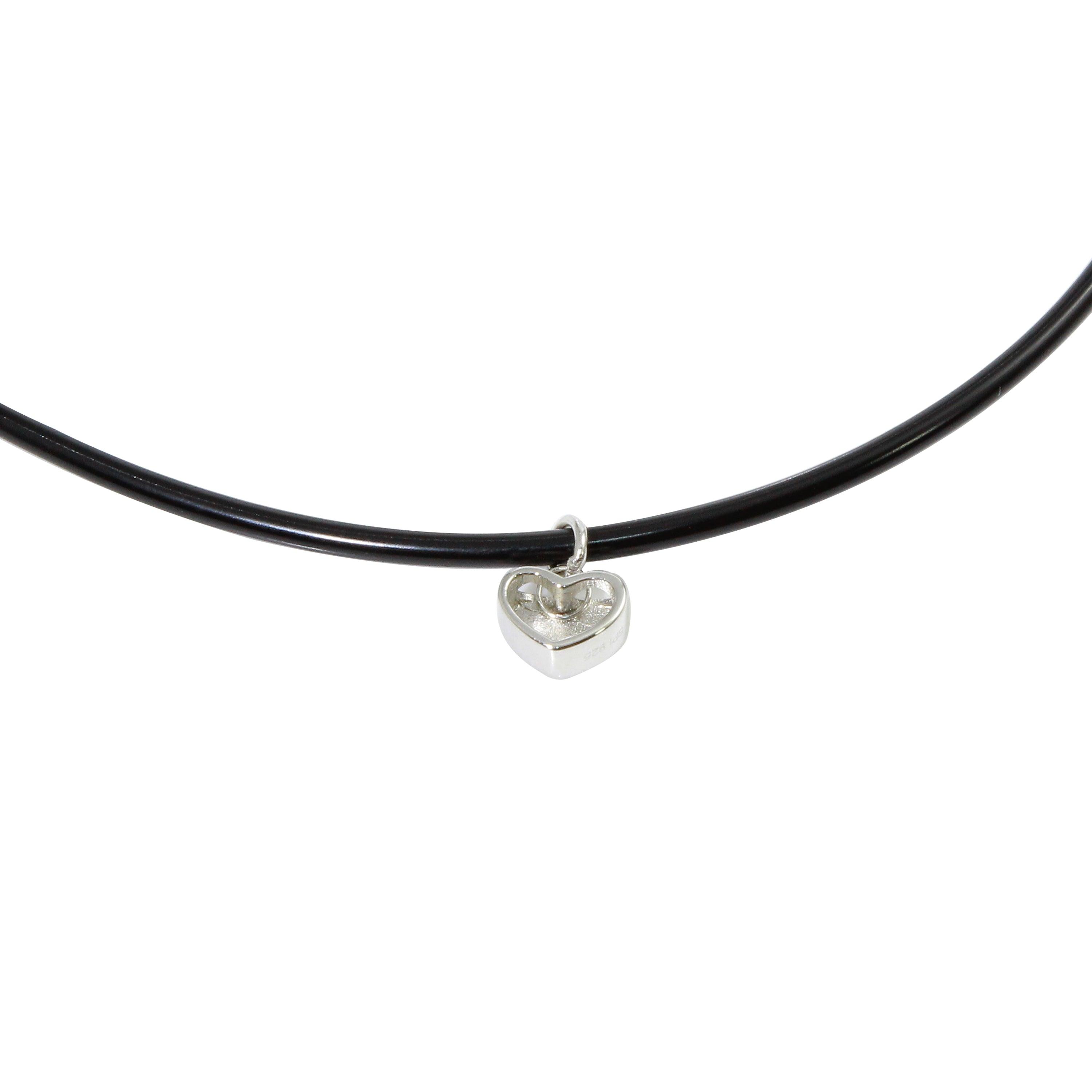 Rhodium Plated 925 Sterling Silver Heart Charm Black Rubber Choker Necklace - STP01565RH