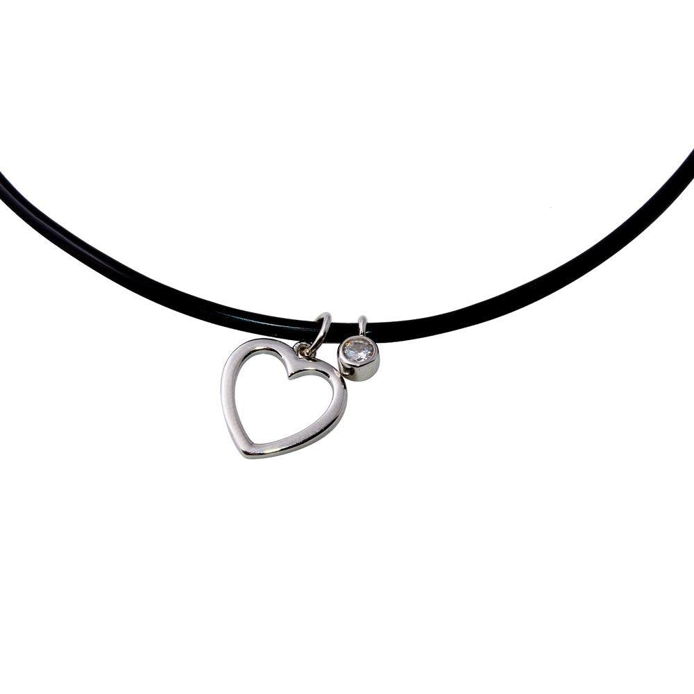 Rhodium Plated 925 Sterling Silver Rubber Cord Choker with Round CZ and Open Heart - STP01566RH