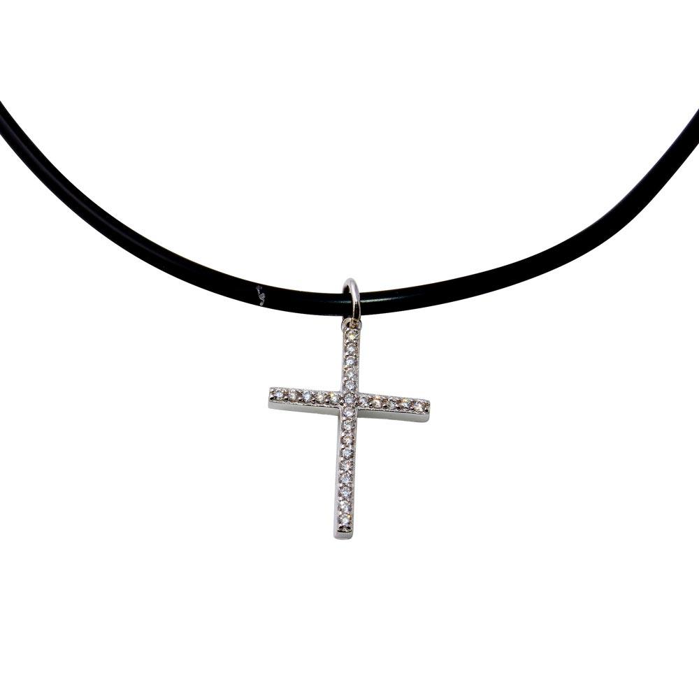 Rhodium Plated 925 Sterling Silver Rubber Cord Choker with CZ Cross - STP01567RH