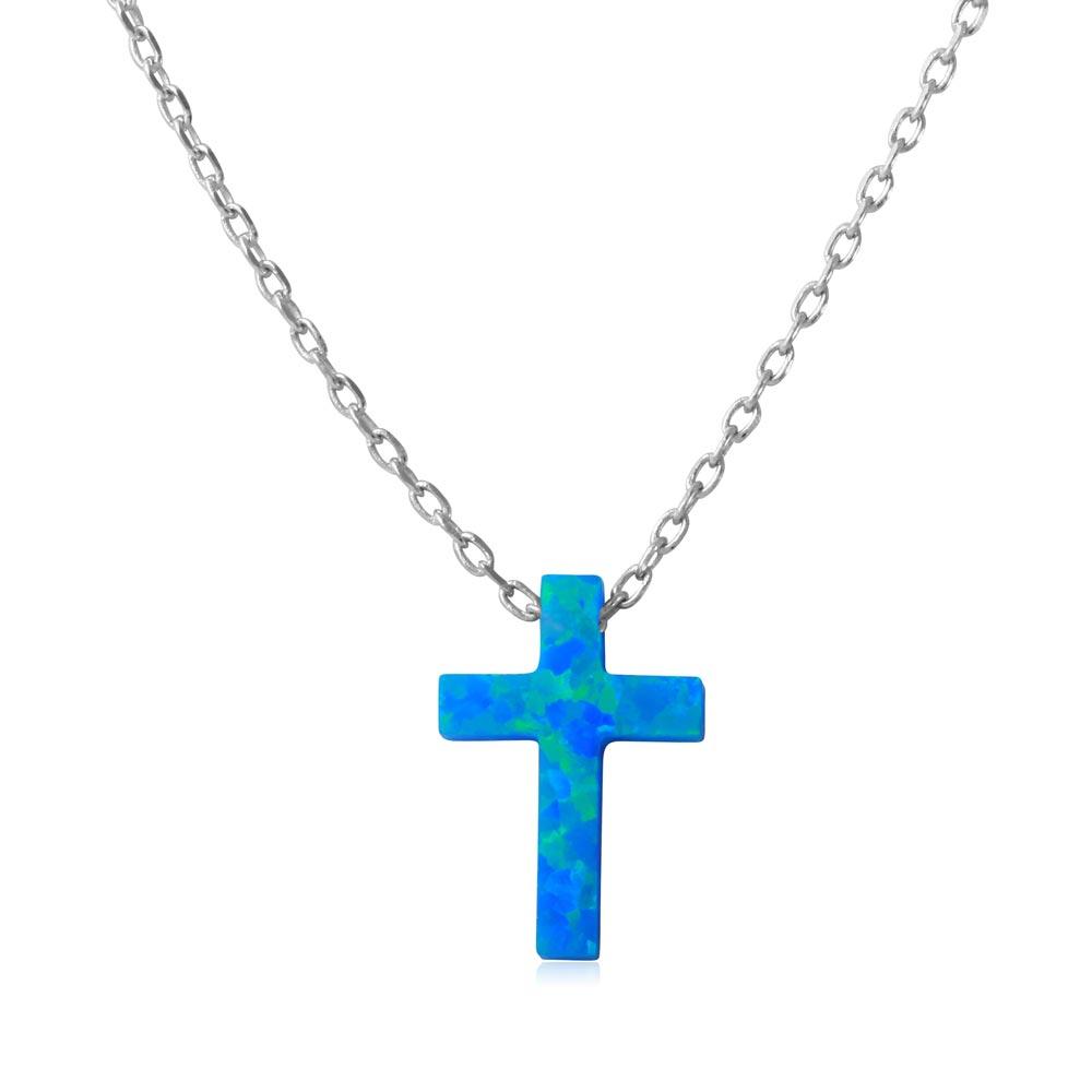 Rhodium Plated 925 Sterling Silver Blue Synthetic Opal Cross Necklace - STP01574RH