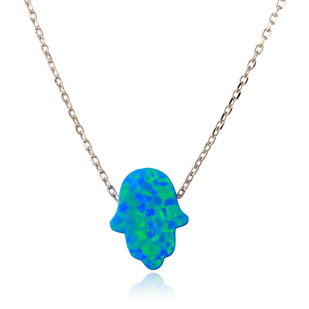 Rhodium Plated 925 Sterling Silver Synthetic Blue Opal Hamsa Necklace - STP01575RH