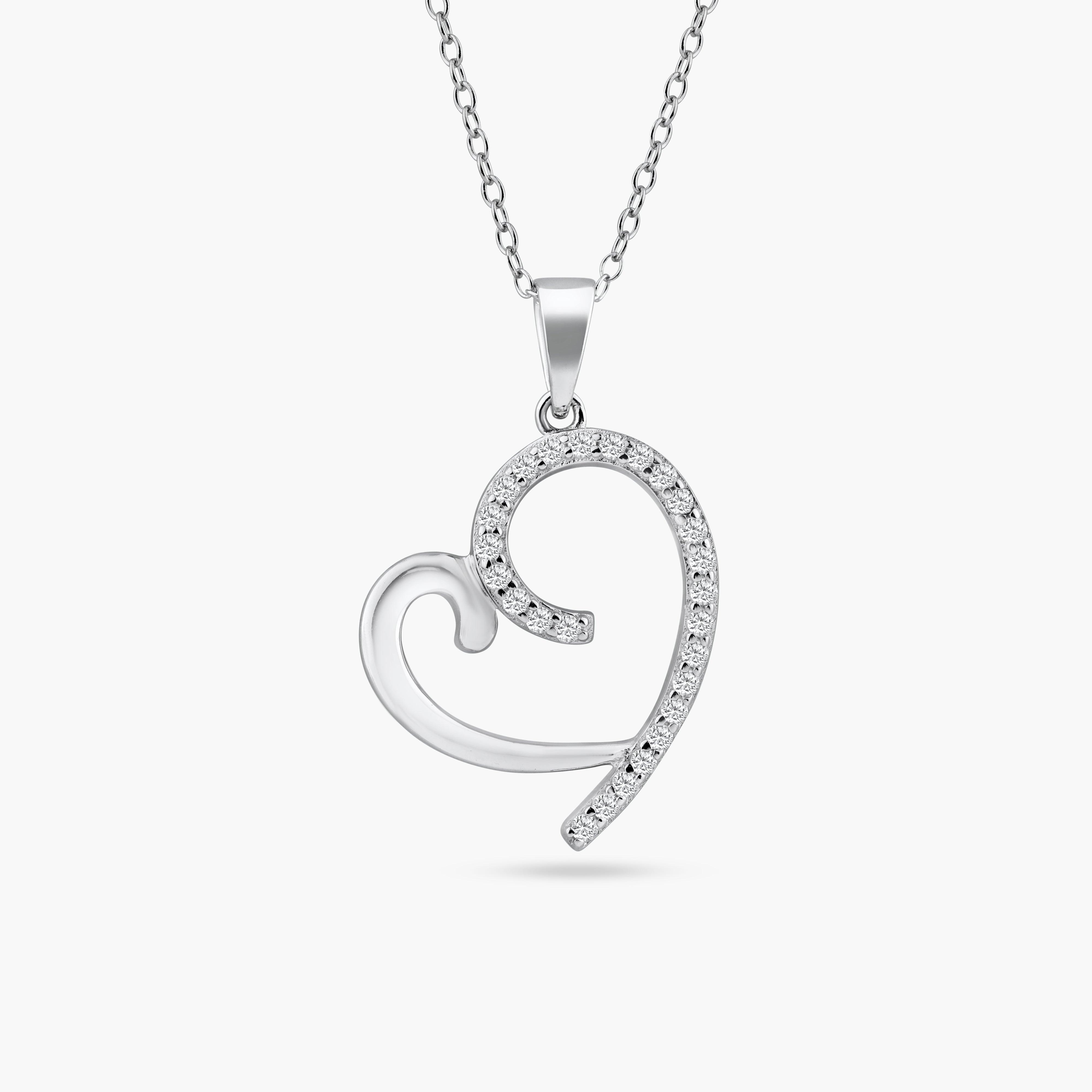 Rhodium Plated 925 Sterling Silver Curved Open Heart CZ Necklace - STP01585