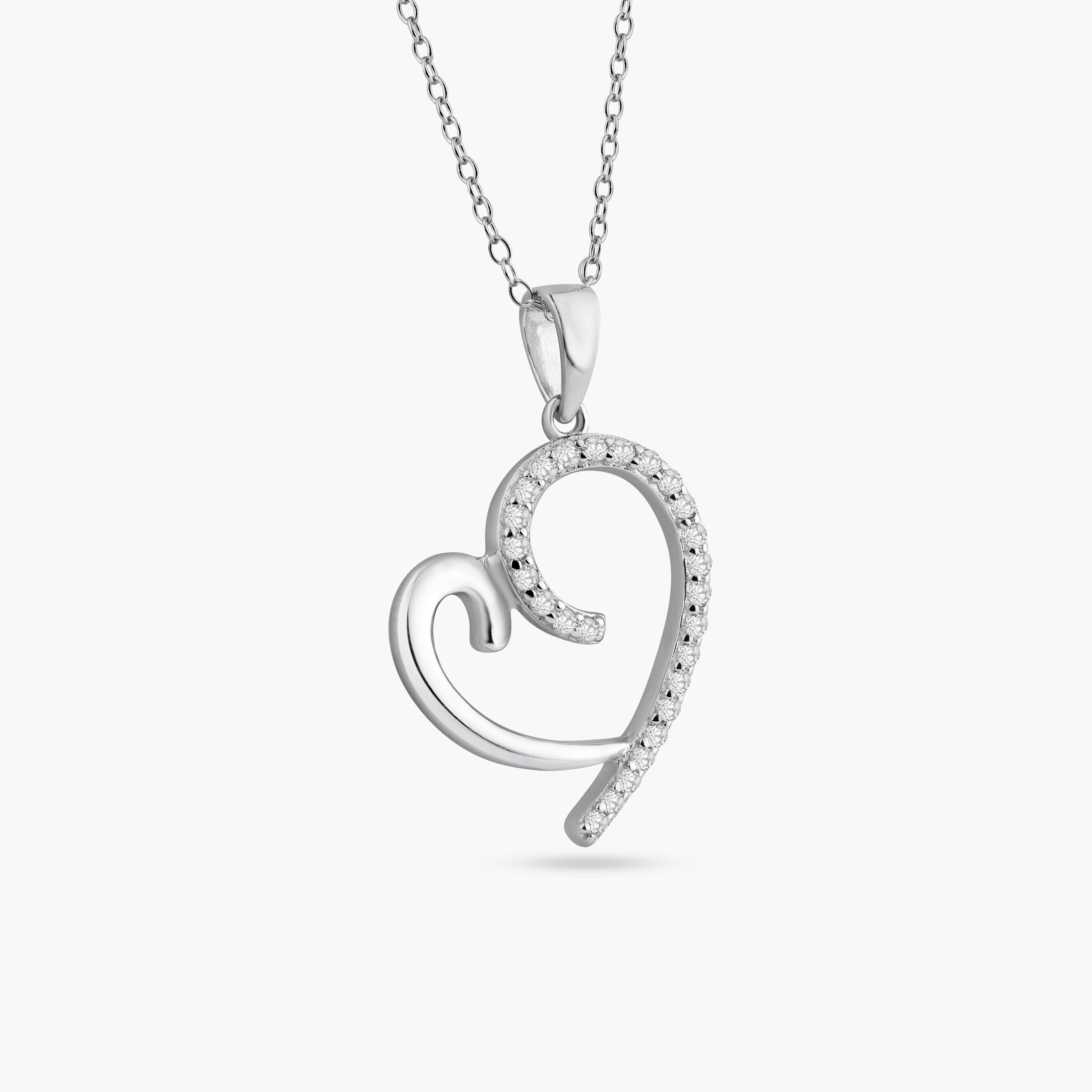 Rhodium Plated 925 Sterling Silver Curved Open Heart CZ Necklace - STP01585