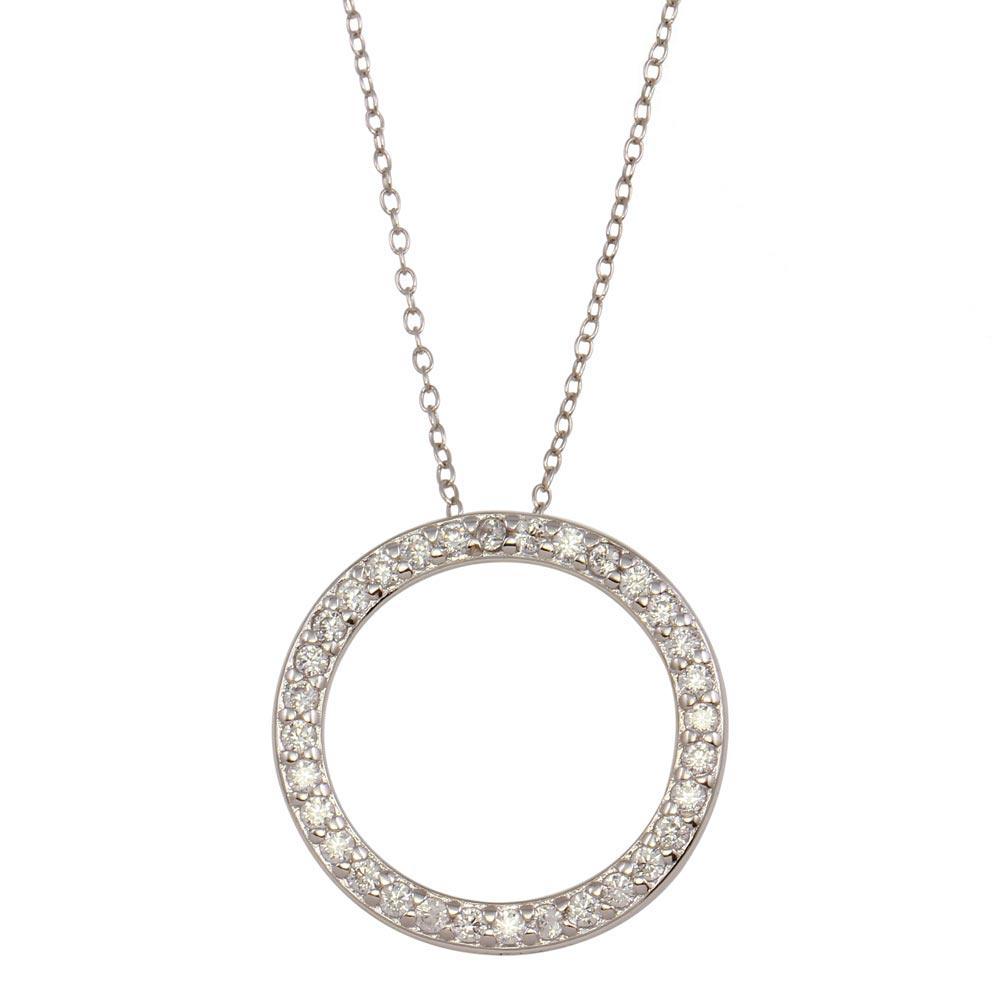 Rhodium Plated 925 Sterling Silver Circle Pendant Necklace with CZ - STP01591